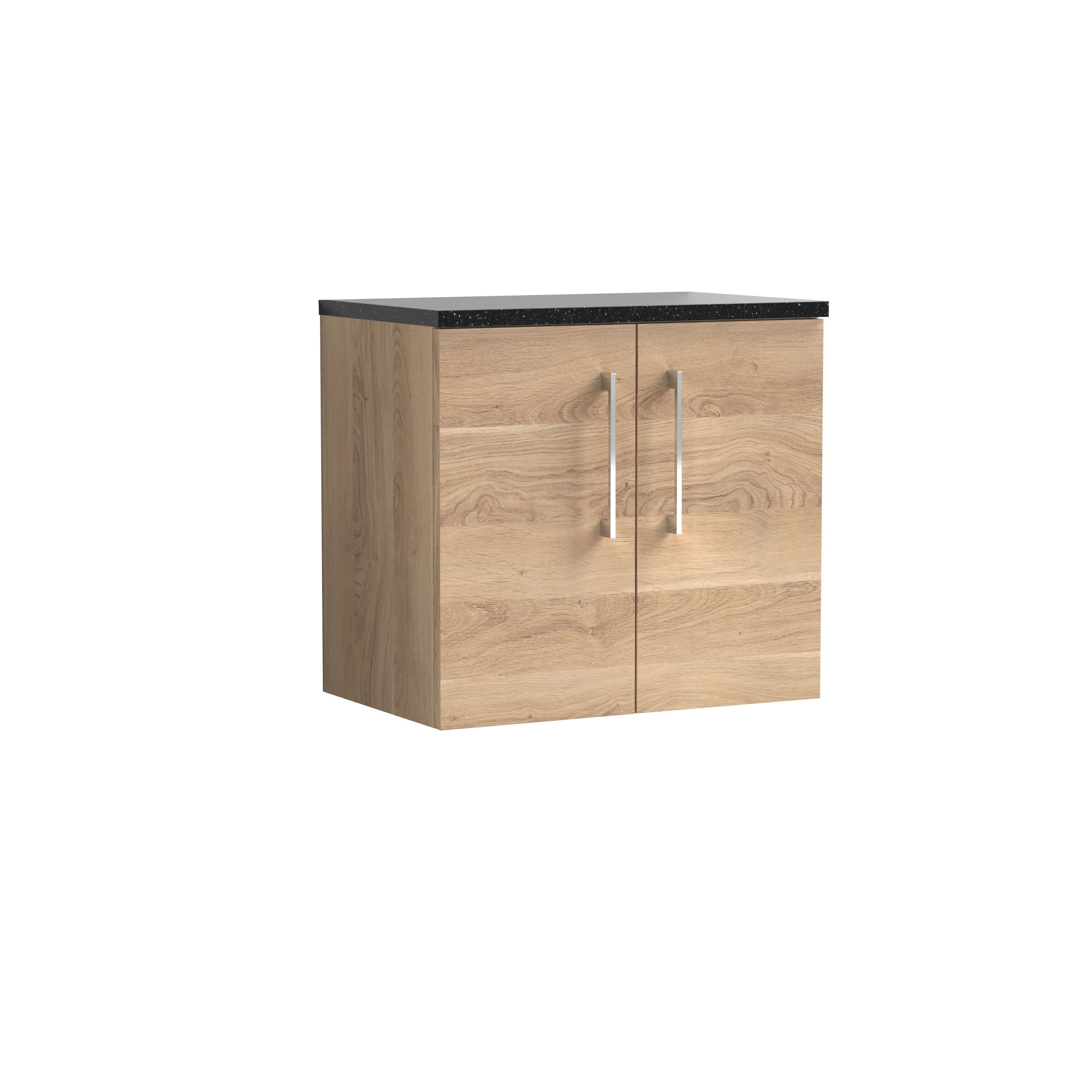 Nuie Arno Wall Hung 2-Door Vanity & Black Laminate Worktop, Stylish Counter Top Vanity Unit in Bleached Oak, 600mm