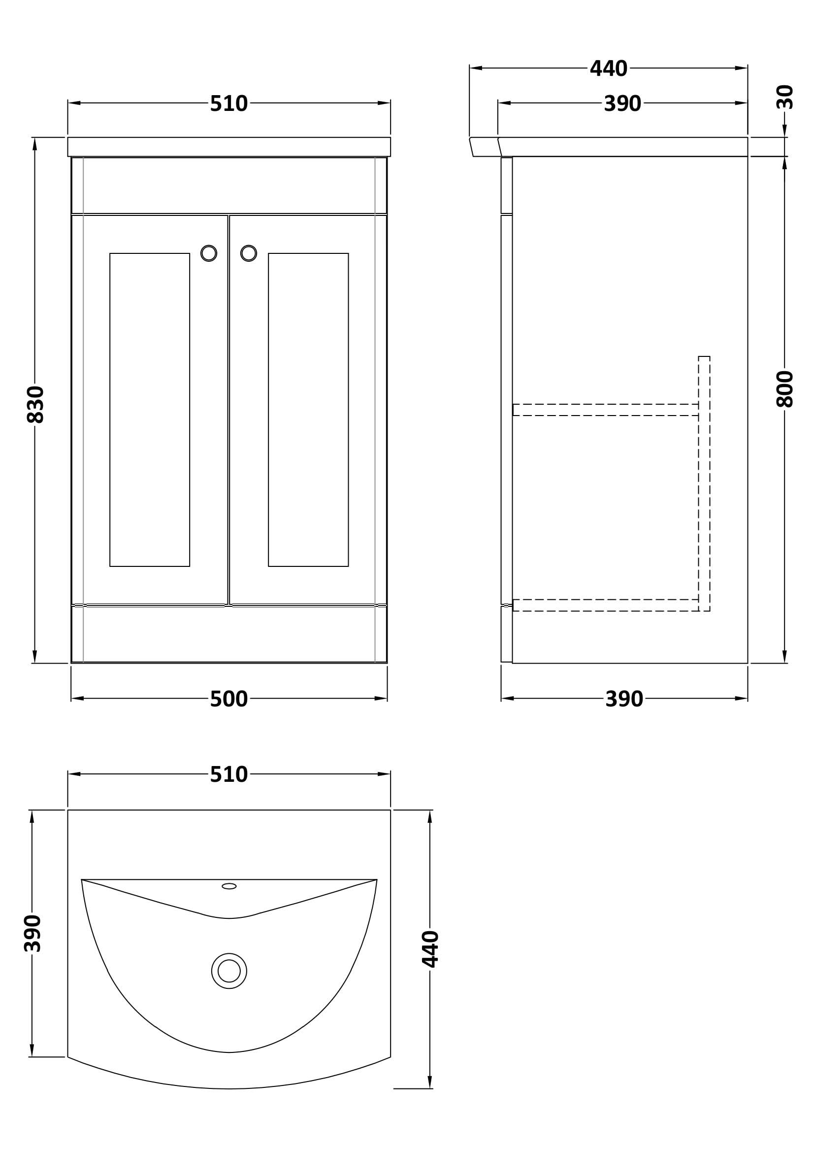 Nuie Classique Floor Standing 2 Door Vanity Unit & Curved Ceramic Basin, Traditional Sink Vanity Unit in Satin White, 500mm