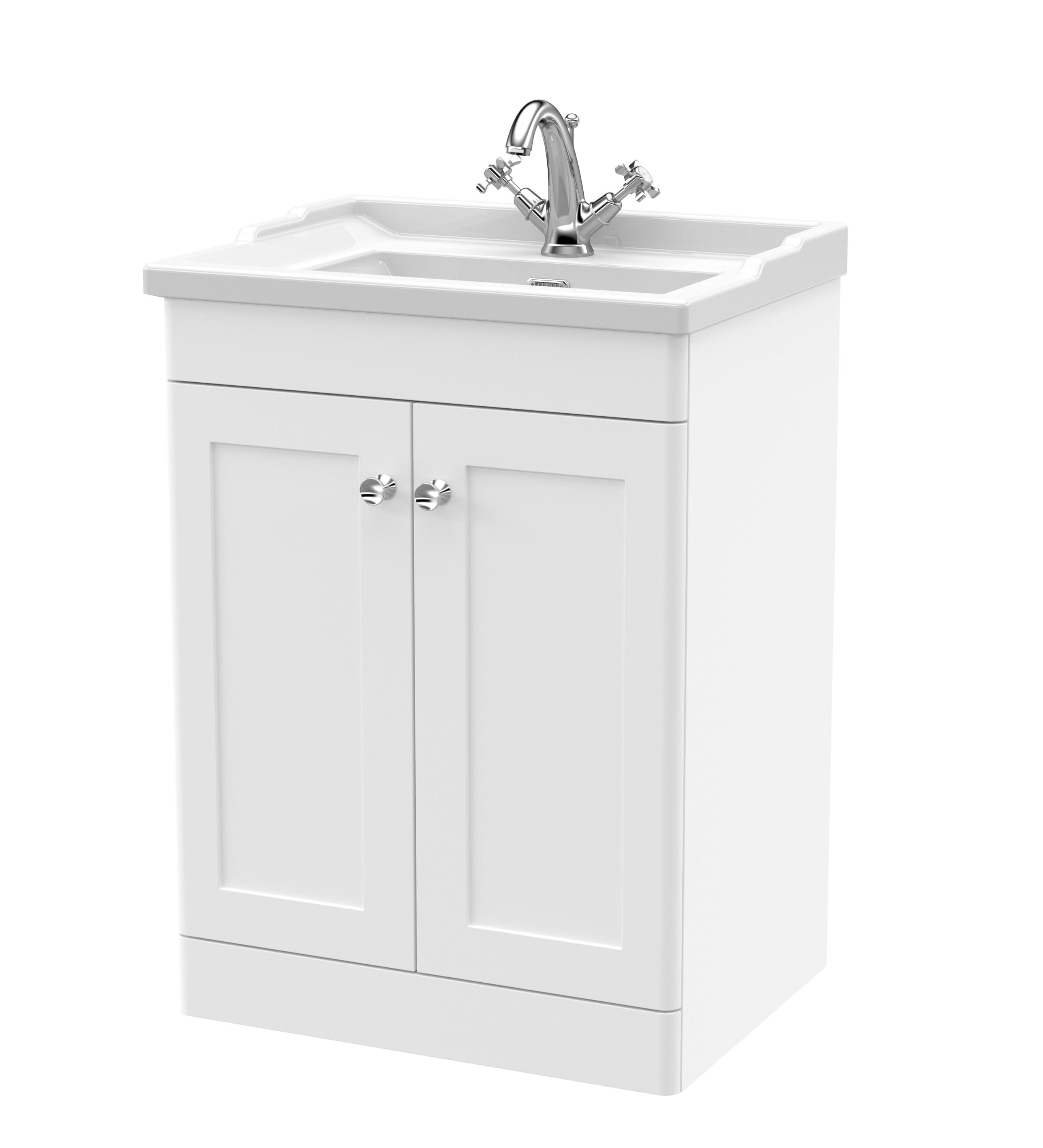 Nuie Classique Floor Standing 2 Door Unit & 1 Tap Hole Fireclay Basin, Elegant Vanity Unit in Satin White, 600mm