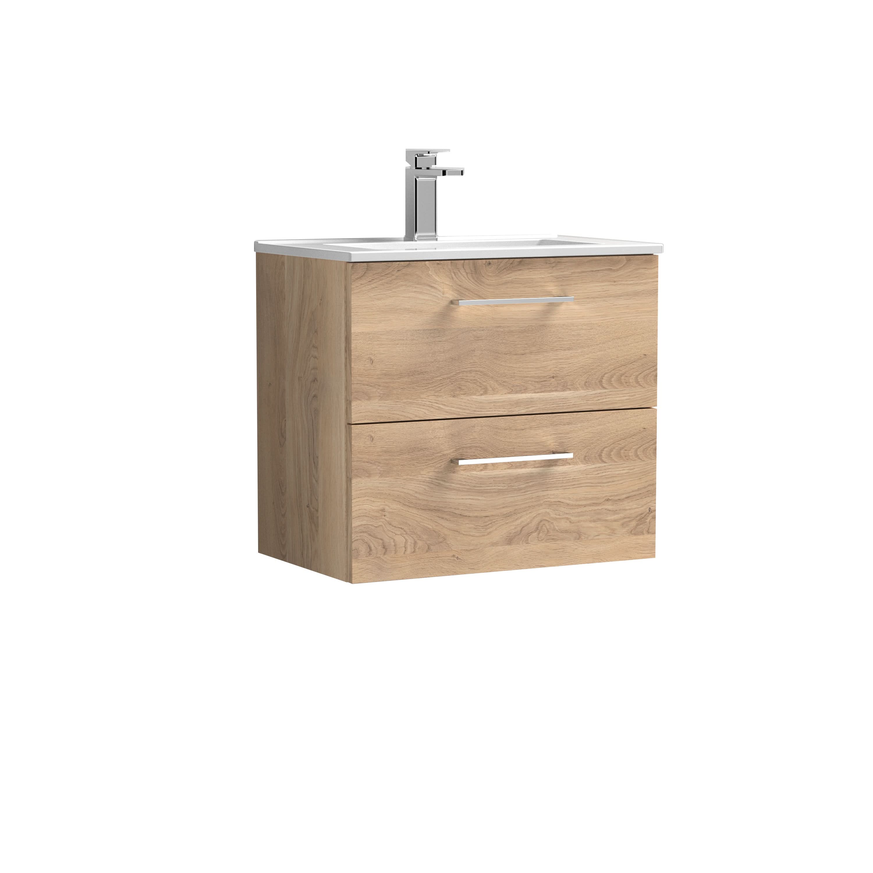 Nuie Arno Wall Hung 2 Drawer Vanity Unit & Minimalist Ceramic Basin, Contemporary Sink Vanity Unit in Bleached Oak, 600mm