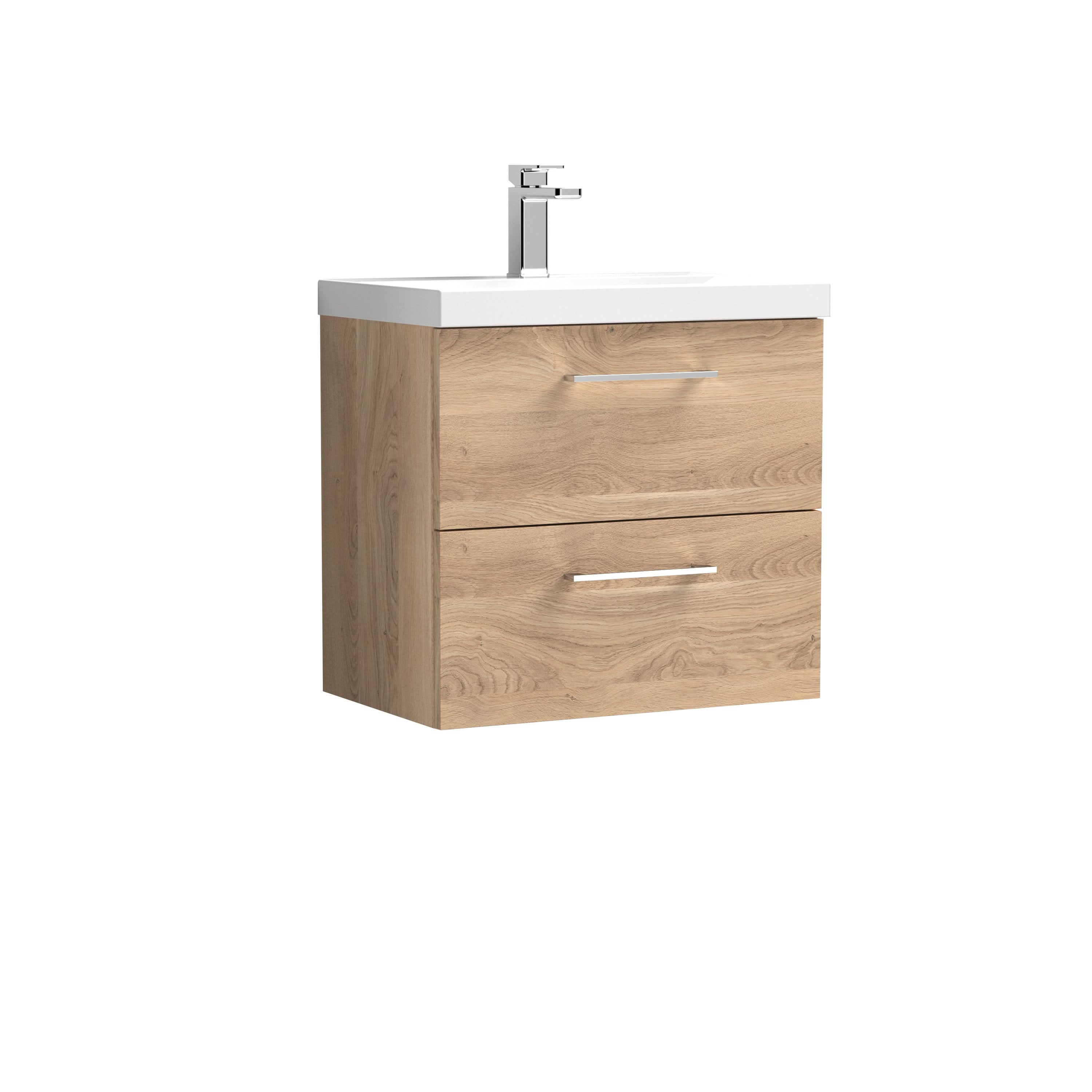 Nuie Arno Wall Hung 2 Drawer Vanity Unit & Thin-Edge Ceramic Basin, Contemporary Sink Vanity Unit in Bleached Oak, 600mm