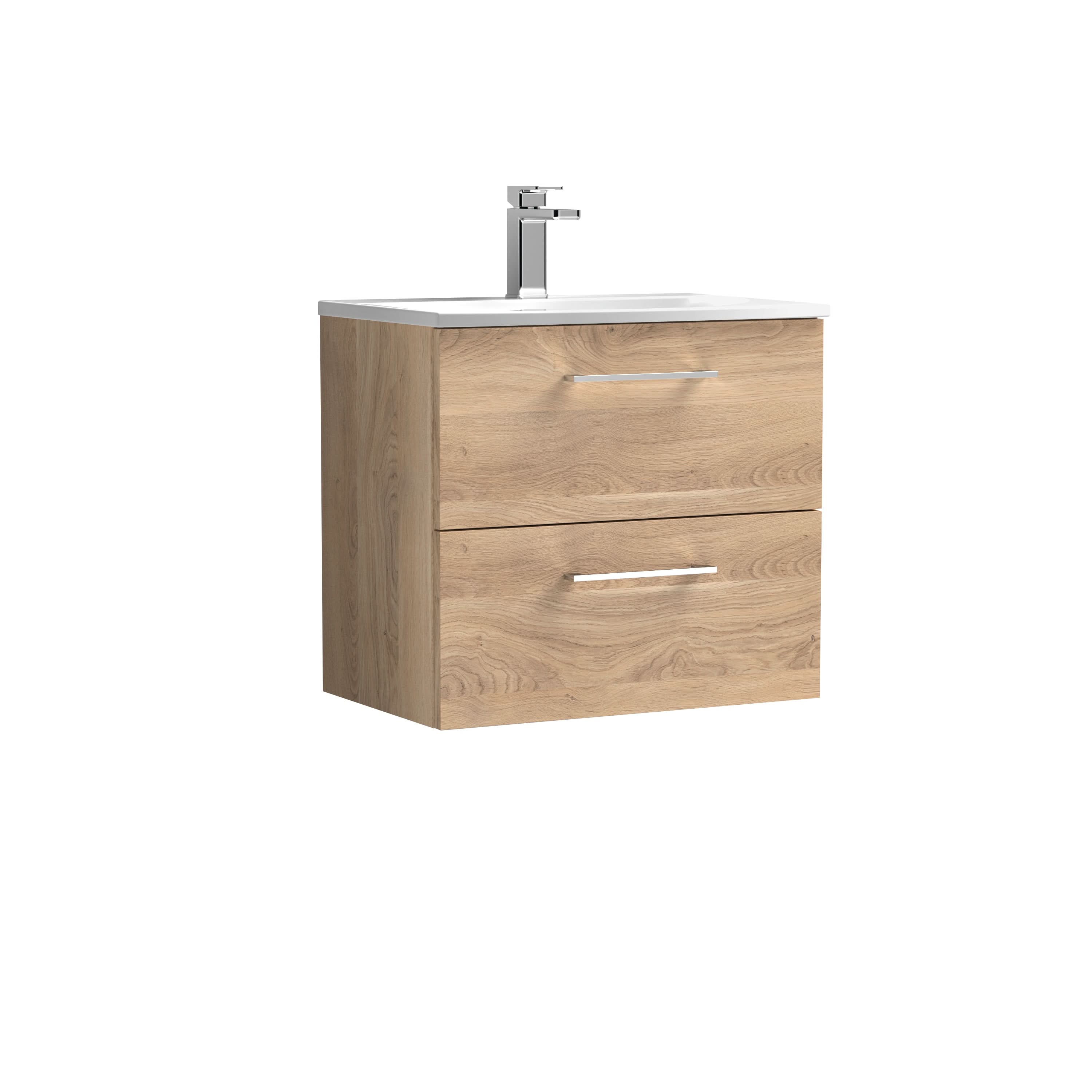 Nuie Arno Wall Hung 2 Drawer Vanity Unit & Curved Ceramic Basin, Contemporary Sink Vanity Unit in Bleached Oak, 600mm