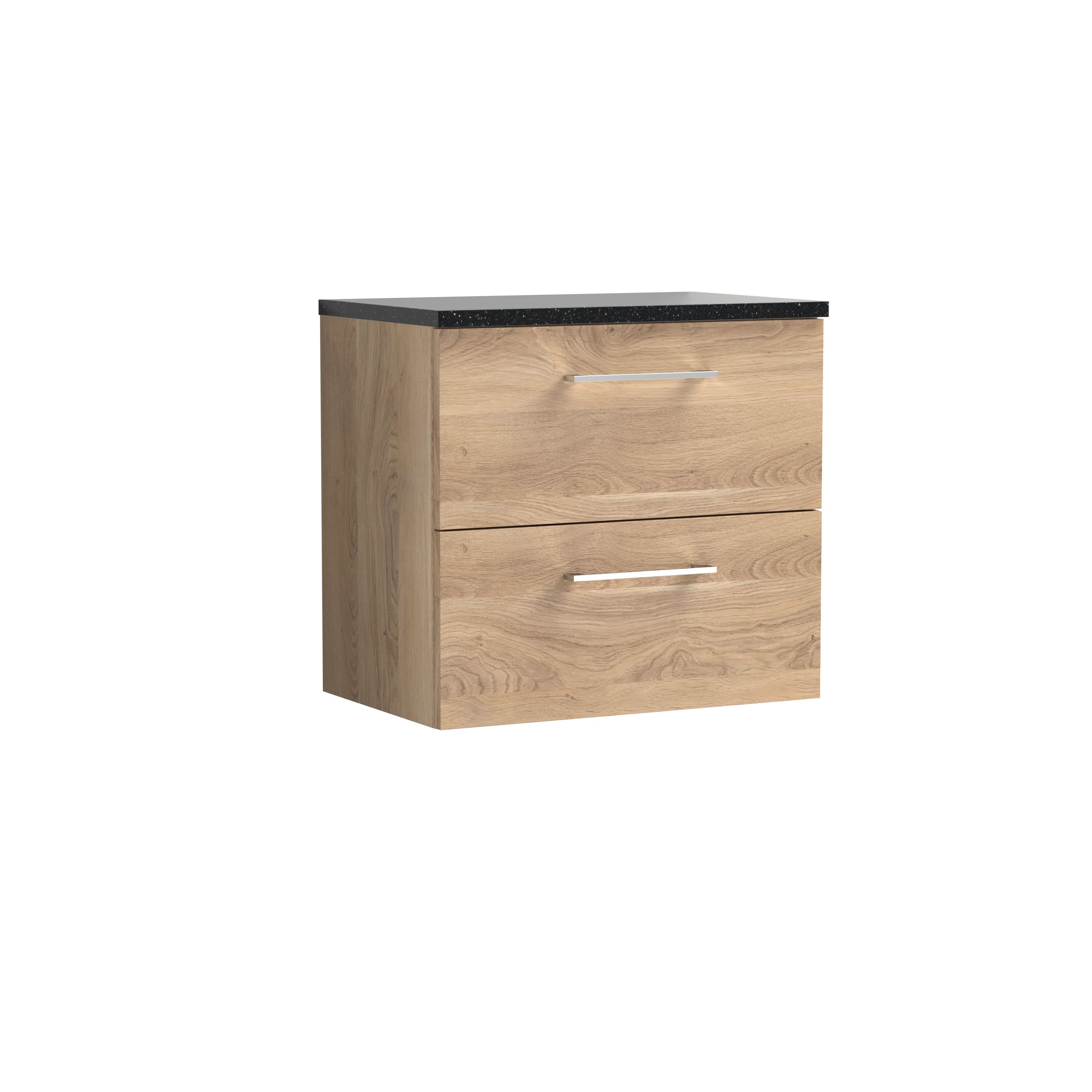 Nuie Arno Wall Hung 2-Drawer Vanity & Black Laminate Worktop, Stylish Counter Top Vanity Unit in Bleached Oak, 600mm