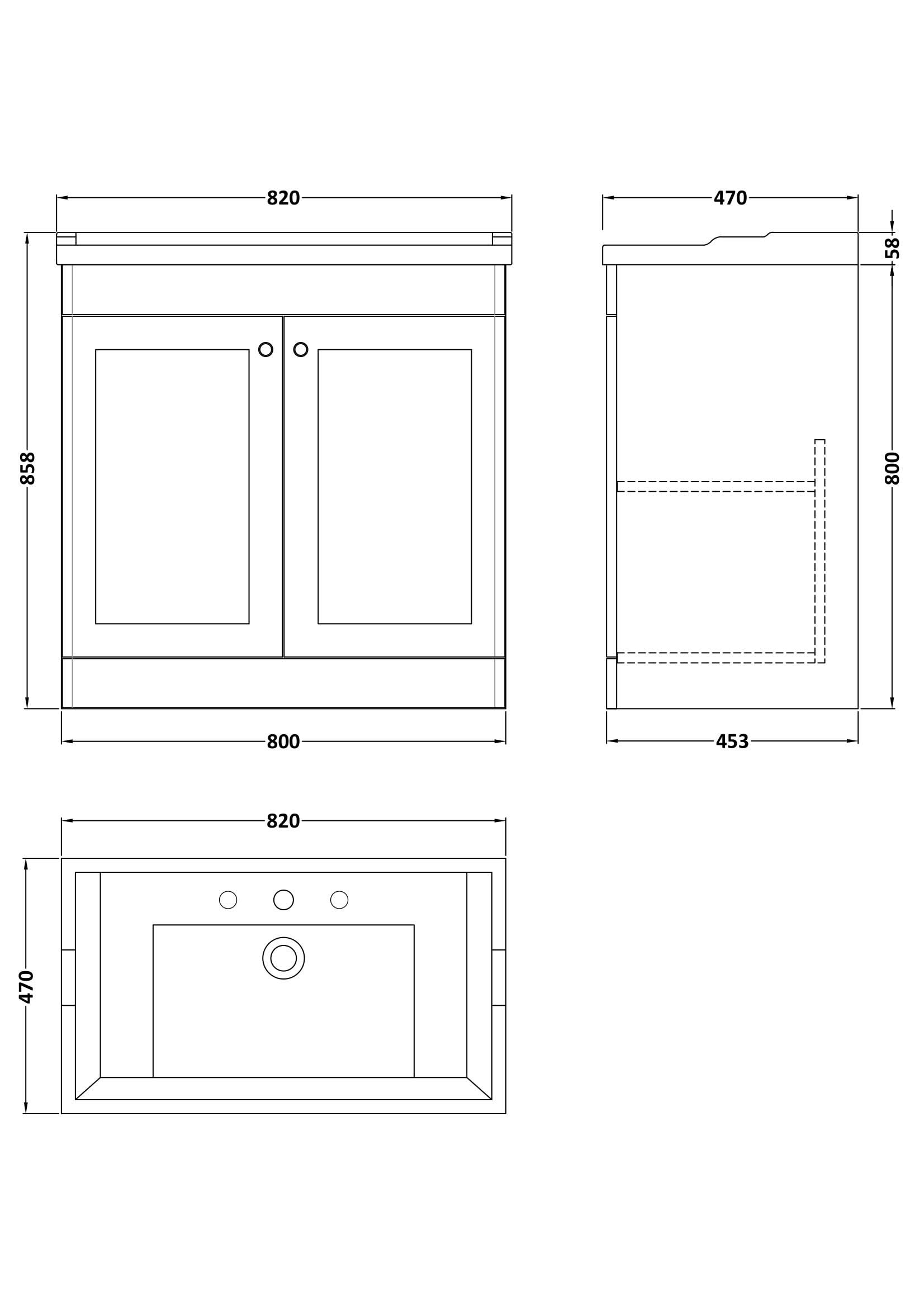 Nuie Classique Floor Standing 2 Door Vanity Unit & 3 Tap Hole Fireclay Basin, Elegant Sink Vanity Unit in Satin White, 800mm