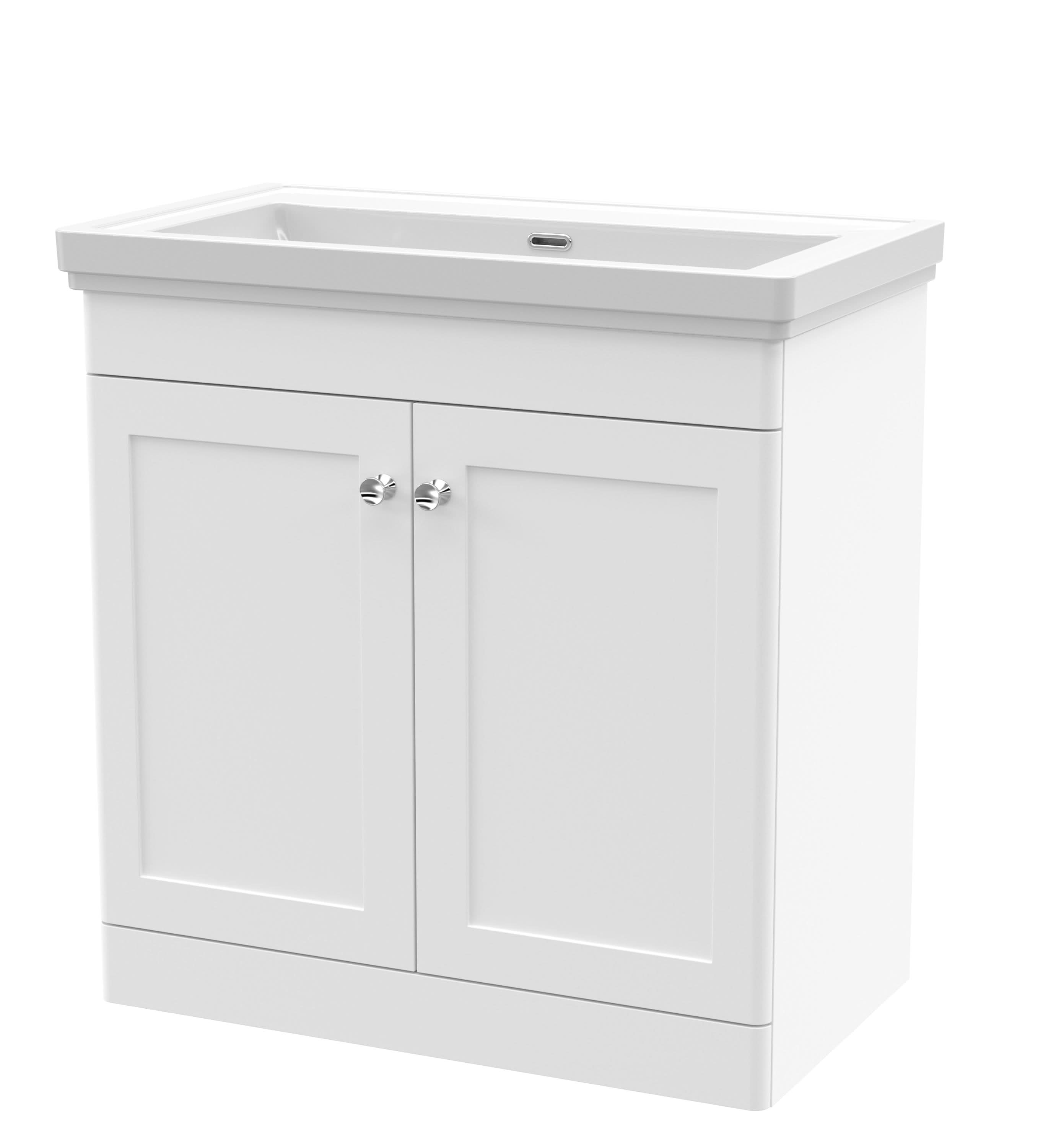 Nuie Classique Floor Standing 2 Door Vanity Unit without Tap Hole Fireclay Basin, Elegant Sink Vanity Unit in Satin White, 800mm