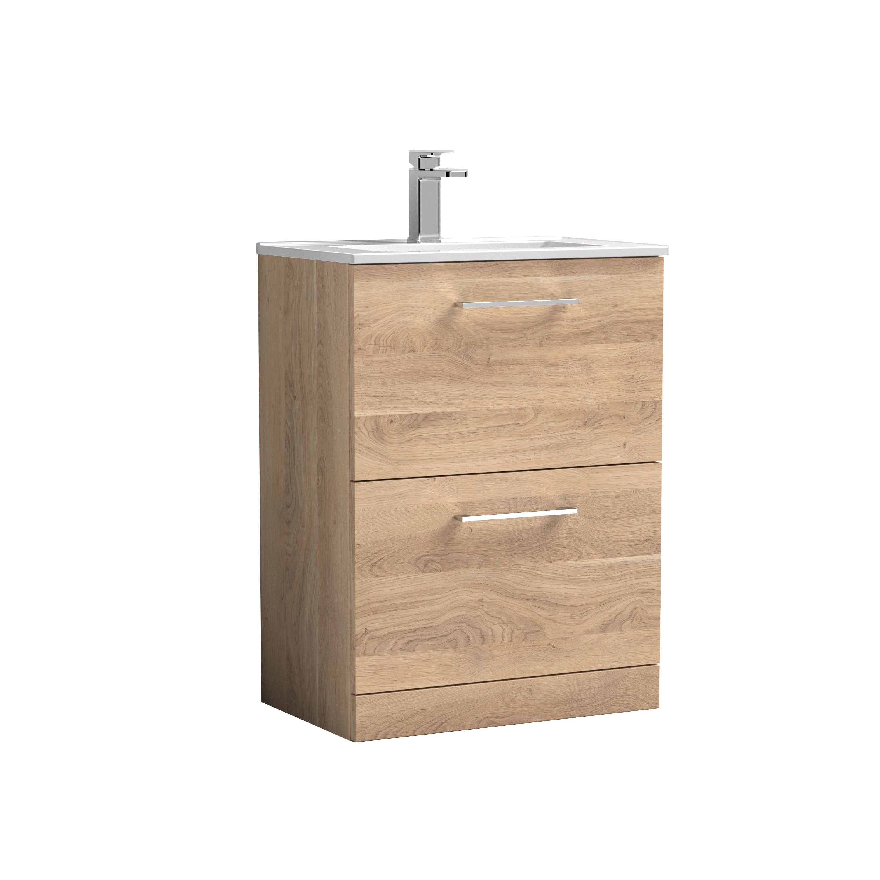 Nuie Arno Floor Standing 2 Drawer Vanity Unit & Minimalist Ceramic Basin, Contemporary Sink Vanity Unit in Bleached Oak, 600mm