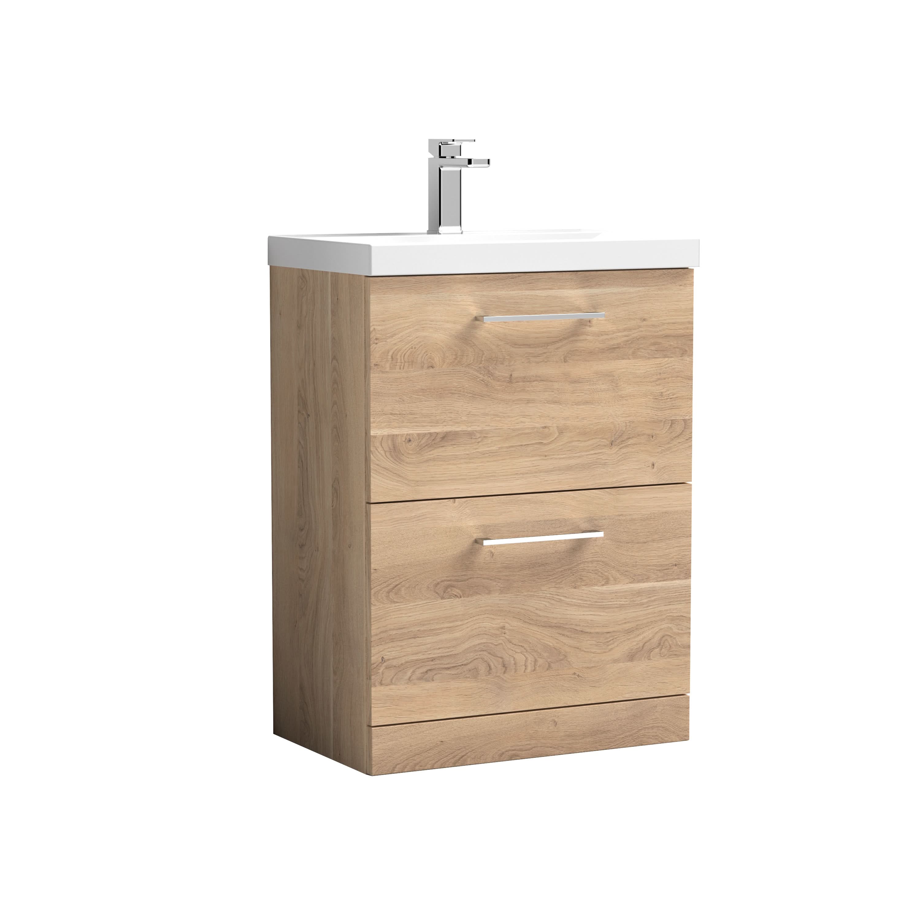 Nuie Arno Floor Standing 2 Drawer Vanity Unit & Thin-Edge Ceramic Basin, Contemporary Sink Vanity Unit in Bleached Oak, 600mm
