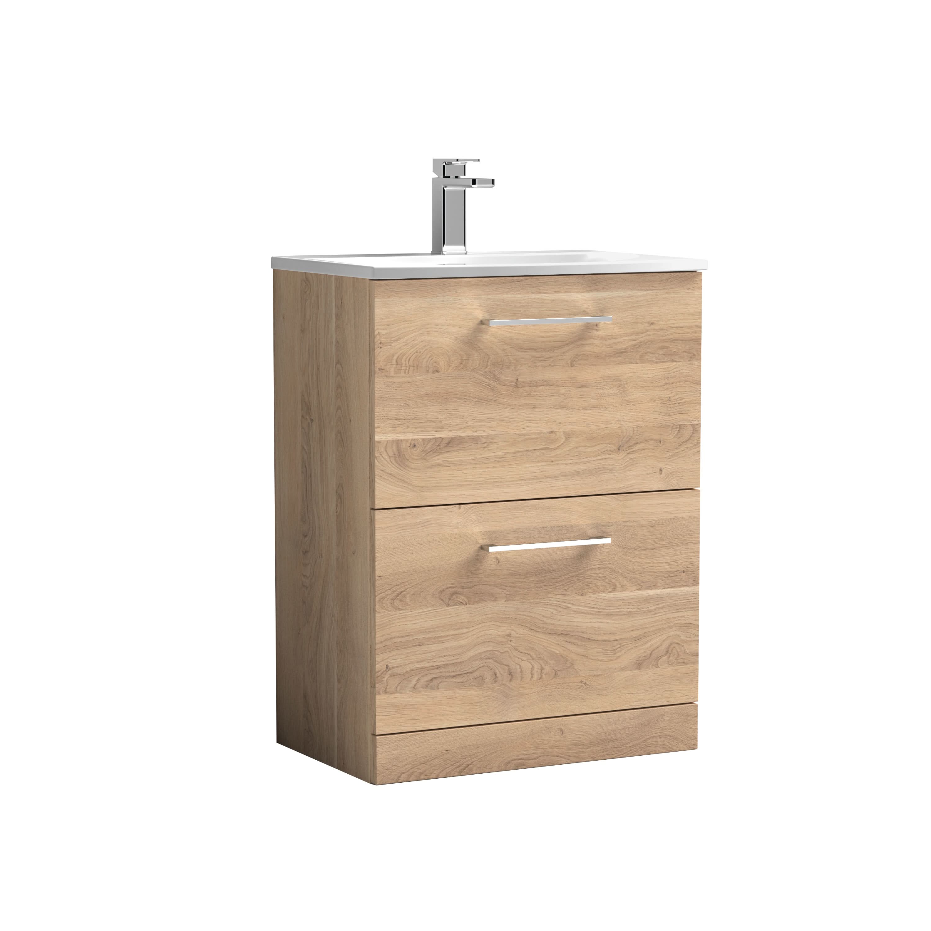 Nuie Arno Floor Standing 2 Drawer Vanity Unit & Curved Ceramic Basin, Contemporary Sink Vanity Unit in Bleached Oak, 600mm