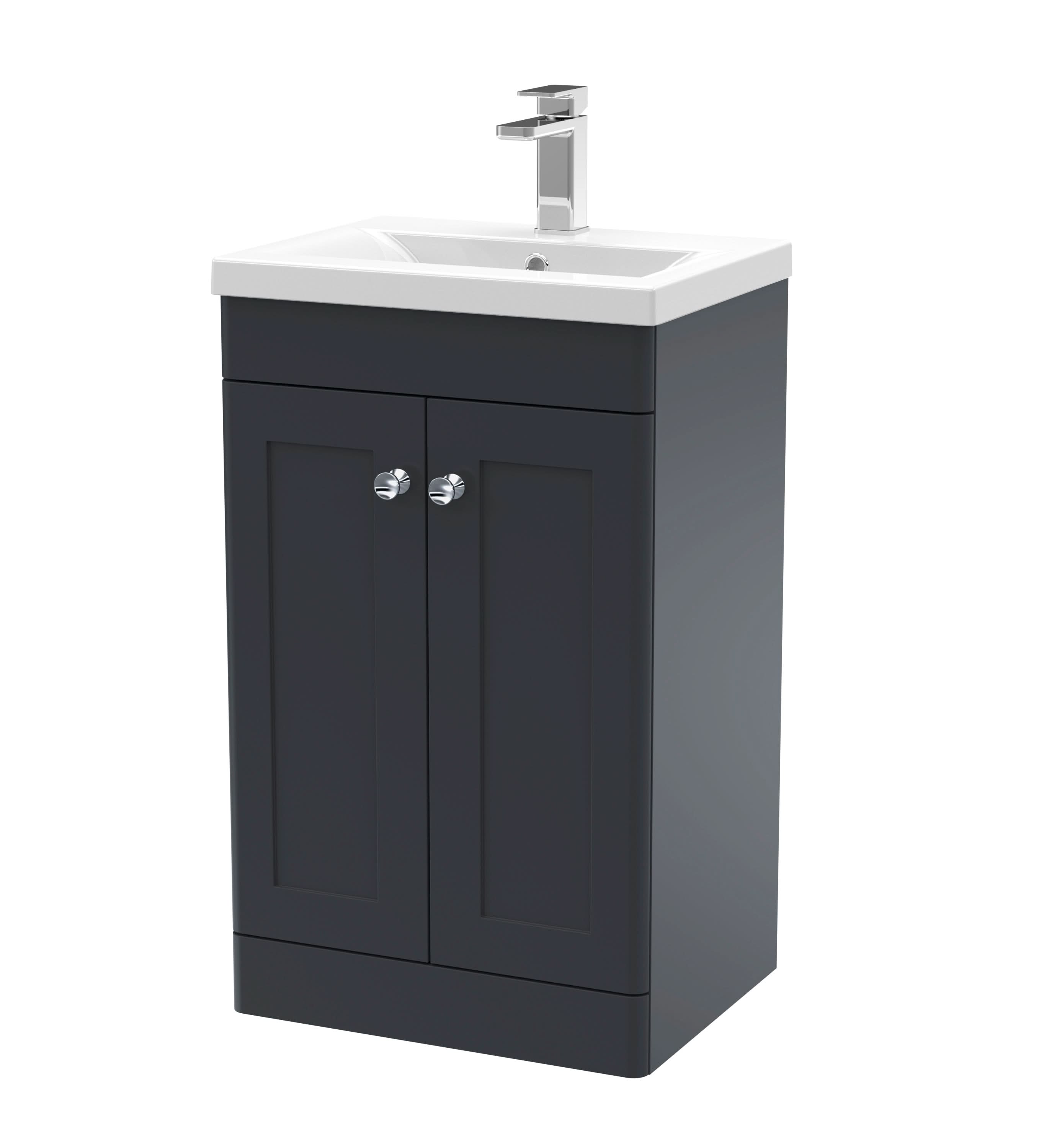 Nuie Classique Floor Standing 2 Door Vanity Unit & Mid-Edge Ceramic Basin, Sink Vanity Unit in Soft Black with White Basin, 500mm