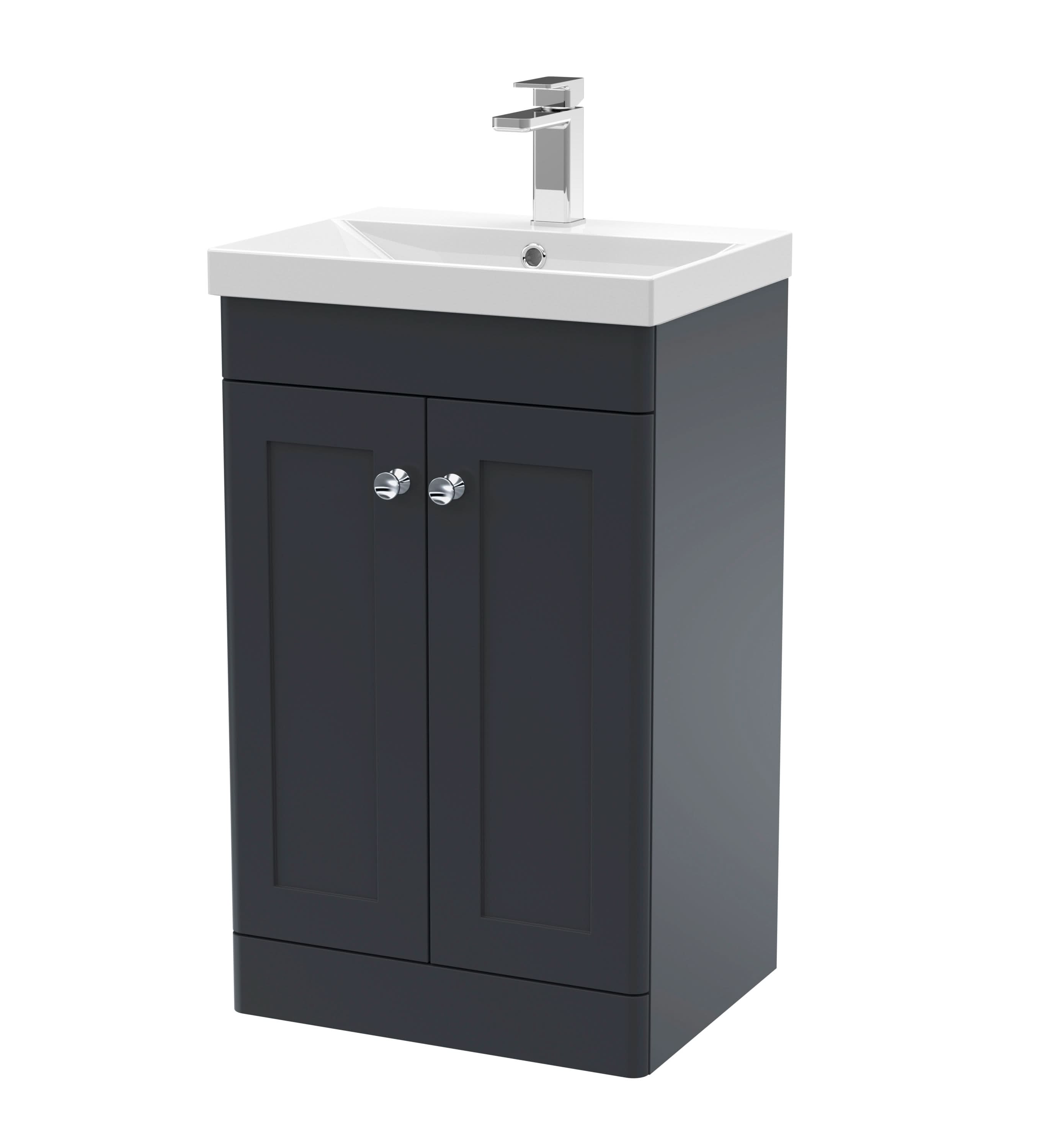 Nuie Classique Floor Standing 2 Door Vanity Unit & Thin-Edge Ceramic Basin, Sink Vanity Unit in Soft Black with White Basin, 500mm