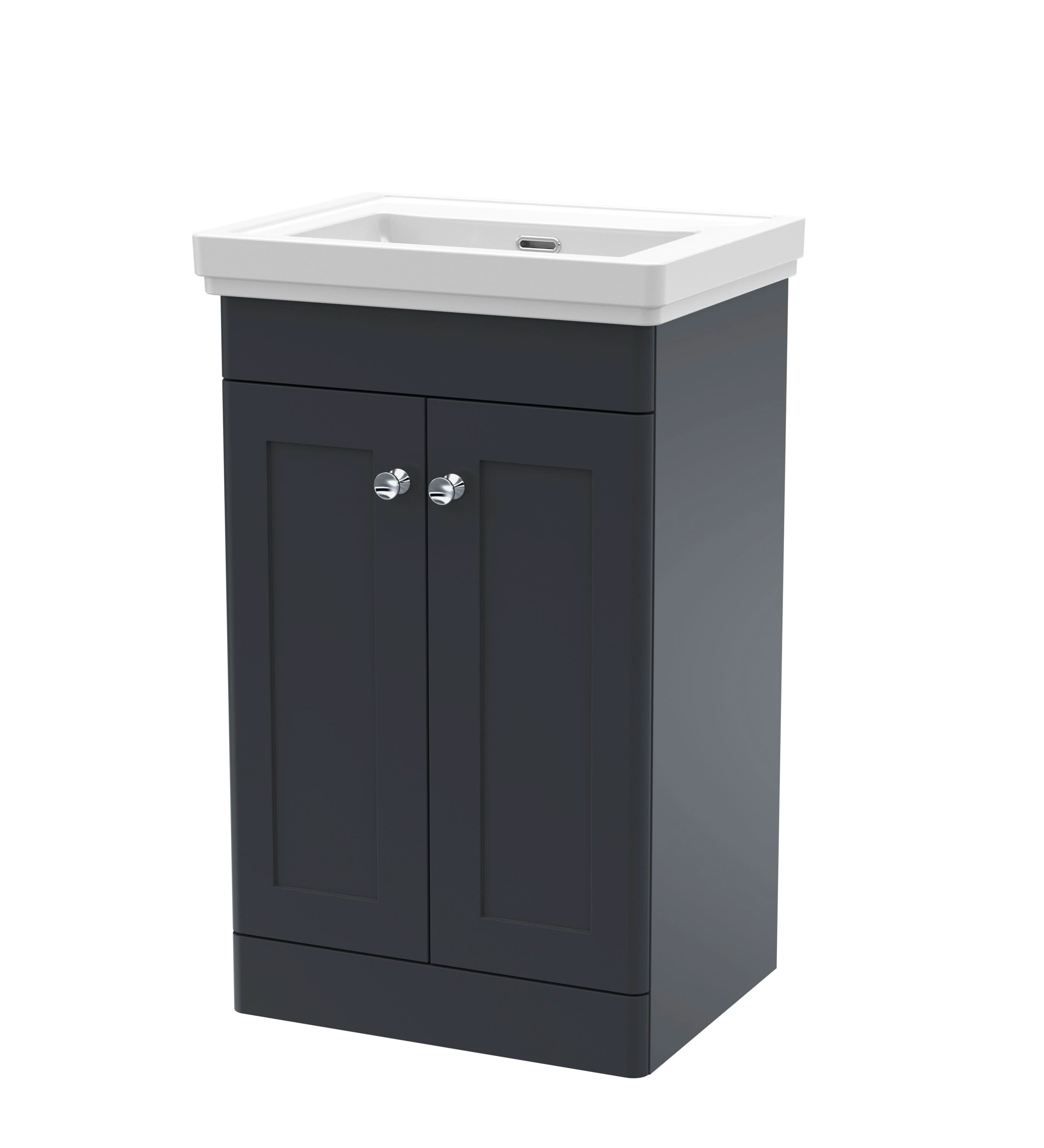 Nuie Classique Floor Standing 2 Door Unit & Without Tap Hole Fireclay Basin, Sink Vanity Unit in Soft Black with White Basin, 500mm