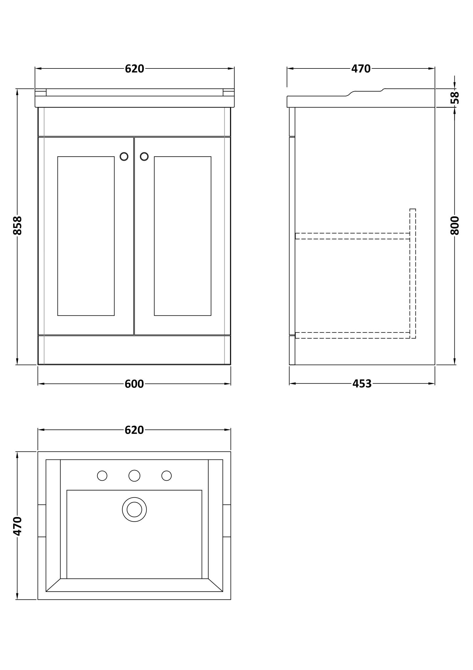Nuie Classique Floor Standing 2 Door Unit & 3 Tap Hole Fireclay Basin, Soft Black Sink Vanity Unit in Soft Black with White Basin, 600mm