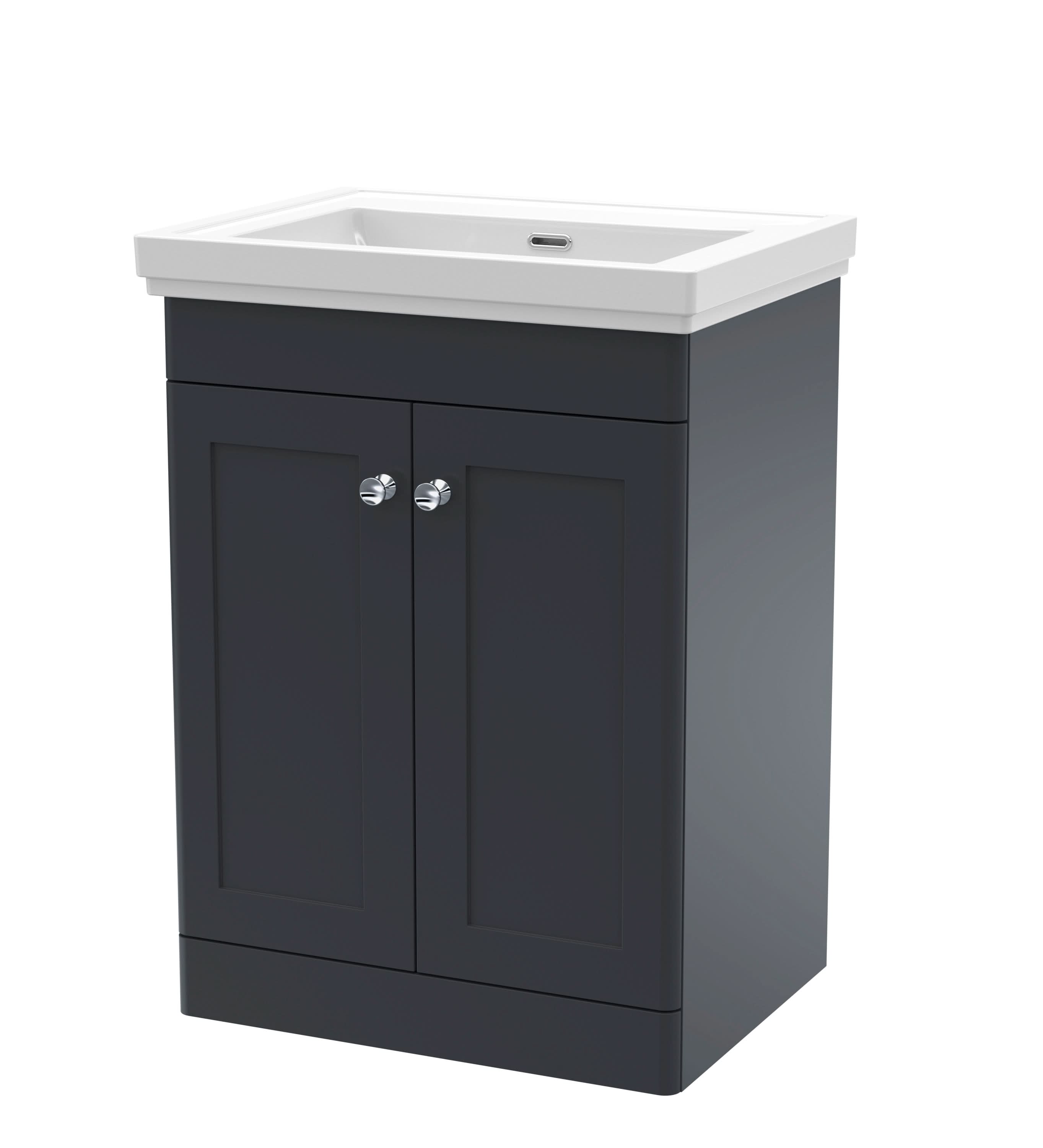 Nuie Classique Floor Standing 2 Door Unit & Without Tap Hole Fireclay Basin, Sink Vanity Unit in Soft Black with White Basin, 600mm