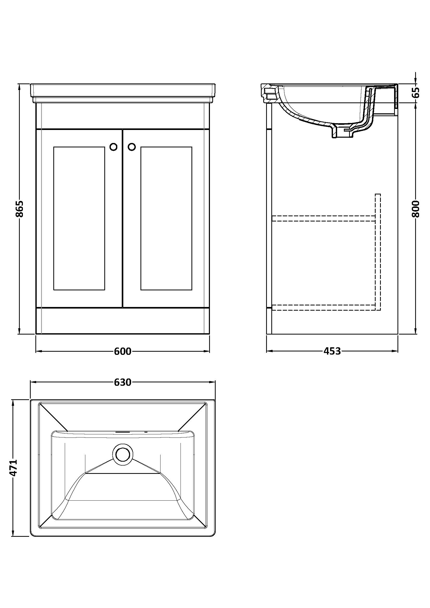 Nuie Classique Floor Standing 2 Door Unit & Without Tap Hole Fireclay Basin, Sink Vanity Unit in Soft Black with White Basin, 600mm