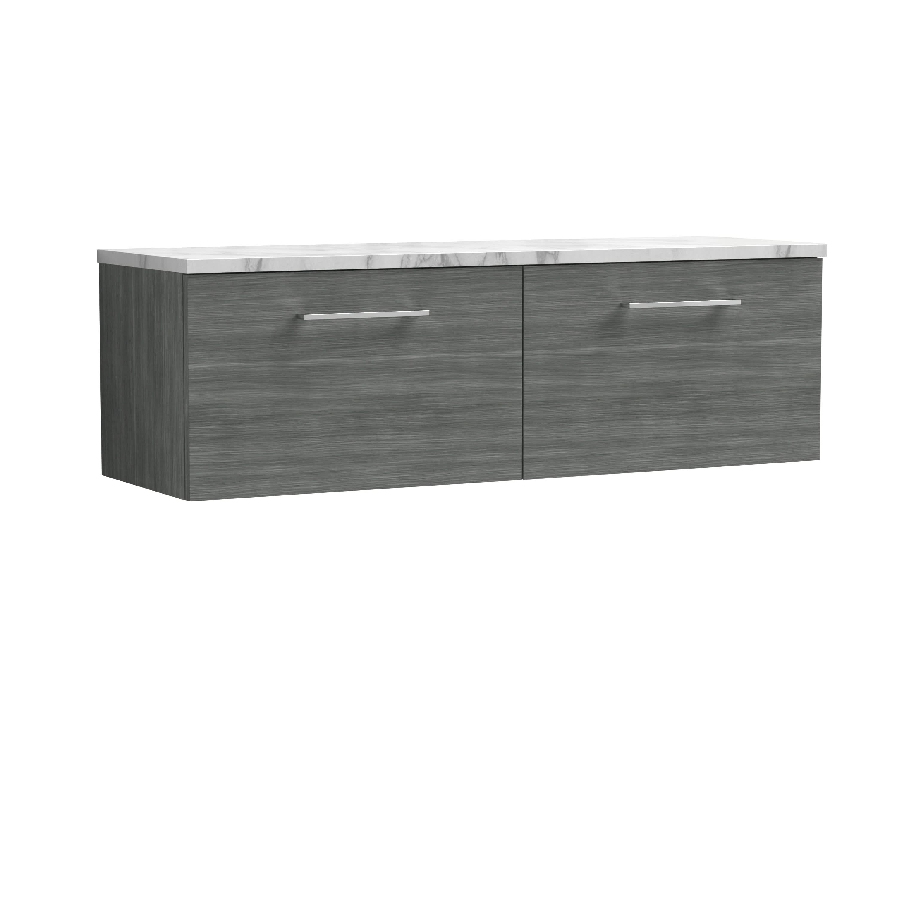 Nuie Arno Wall Hung 2-Drawer Vanity Unit with Laminate Worktop in Carrera Marble, Elegant Counter Top Vanity Unit in Anthracite Woodgrain, 1200mm