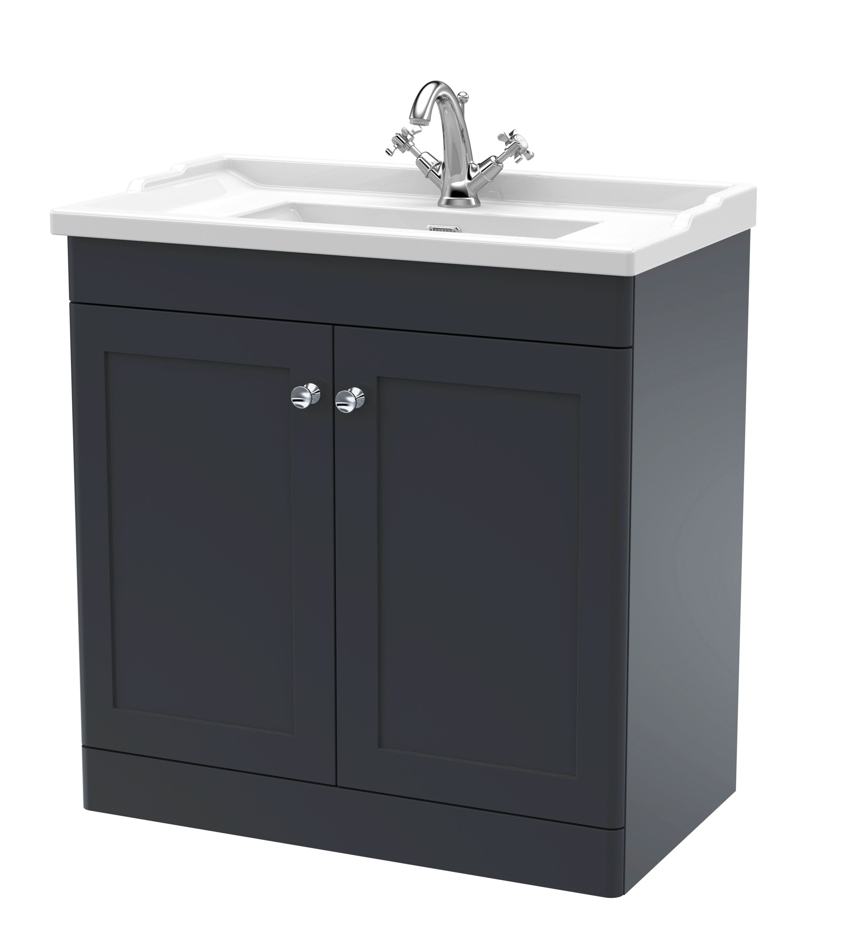 Nuie Classique Floor Standing 2 Door Unit & 1 Tap Hole Fireclay Basin, Sink Vanity Unit in Soft Black with White Basin, 800mm