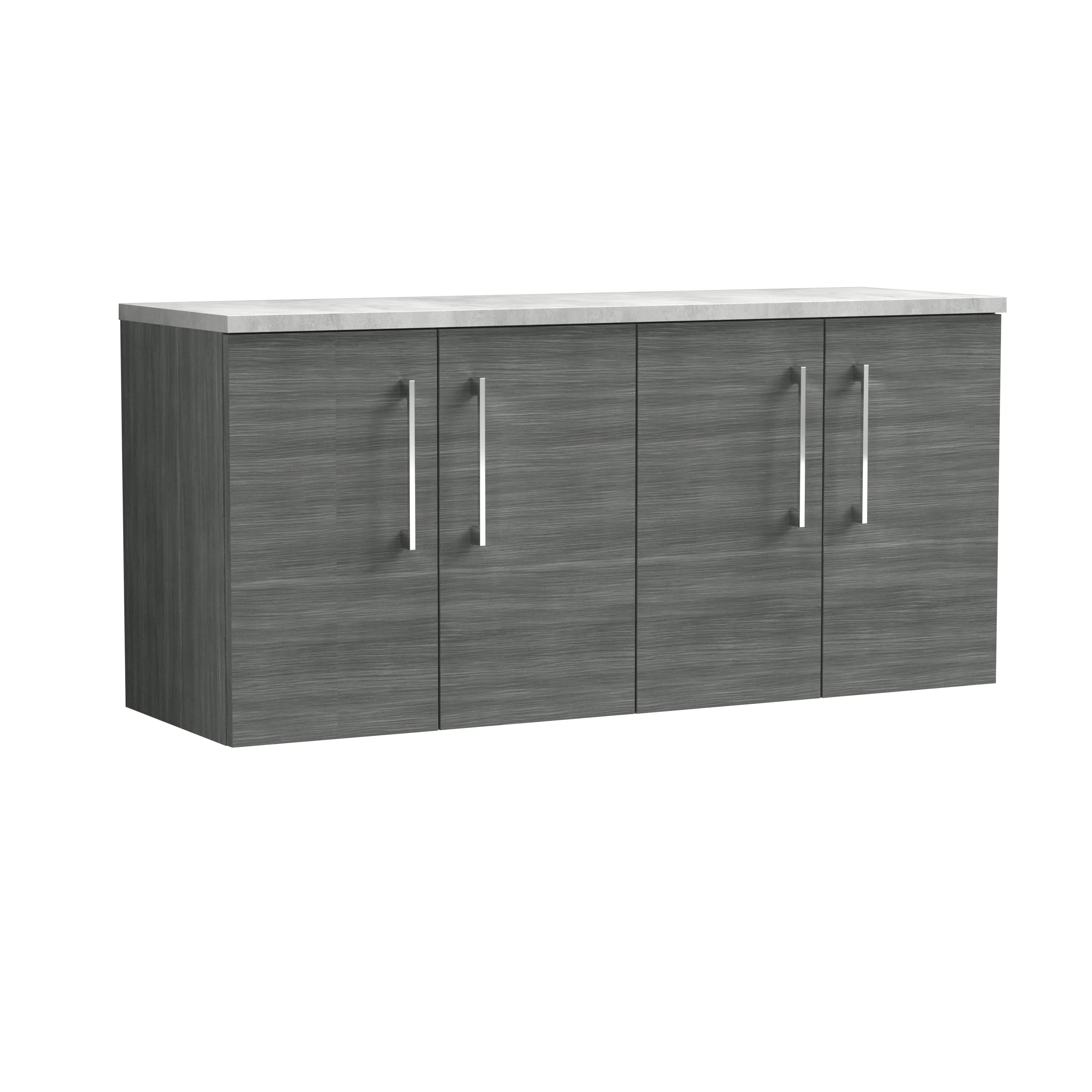 Nuie Arno Wall Hung 4-Door Vanity Unit with Laminate Worktop in Bellato Grey, Elegant Counter Top Vanity Unit in Anthracite Woodgrain, 1200mm