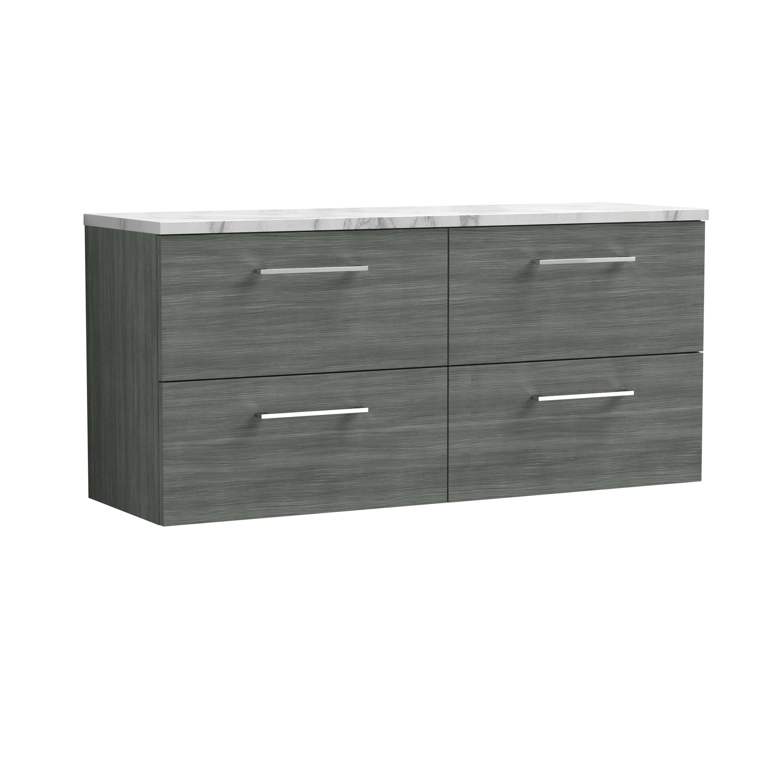 Nuie Arno Wall Hung 4-Drawer Vanity Unit with Laminate Worktop in Carrera Marble, Elegant Counter Top Vanity Unit in Anthracite Woodgrain, 1200mm