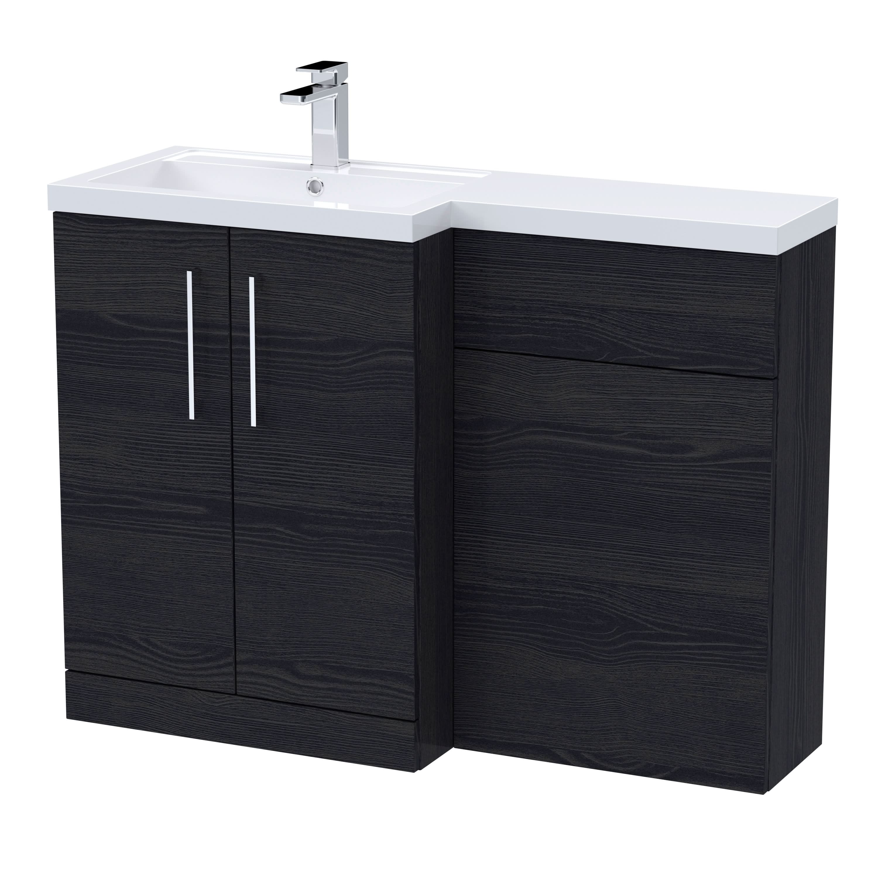 Nuie 1100mm Left Hand Combination, Polymarble Basin Pre-drilled with 1 Tap Hole, Bathroom Storage Unit, Charcoal Black Woodgrain
