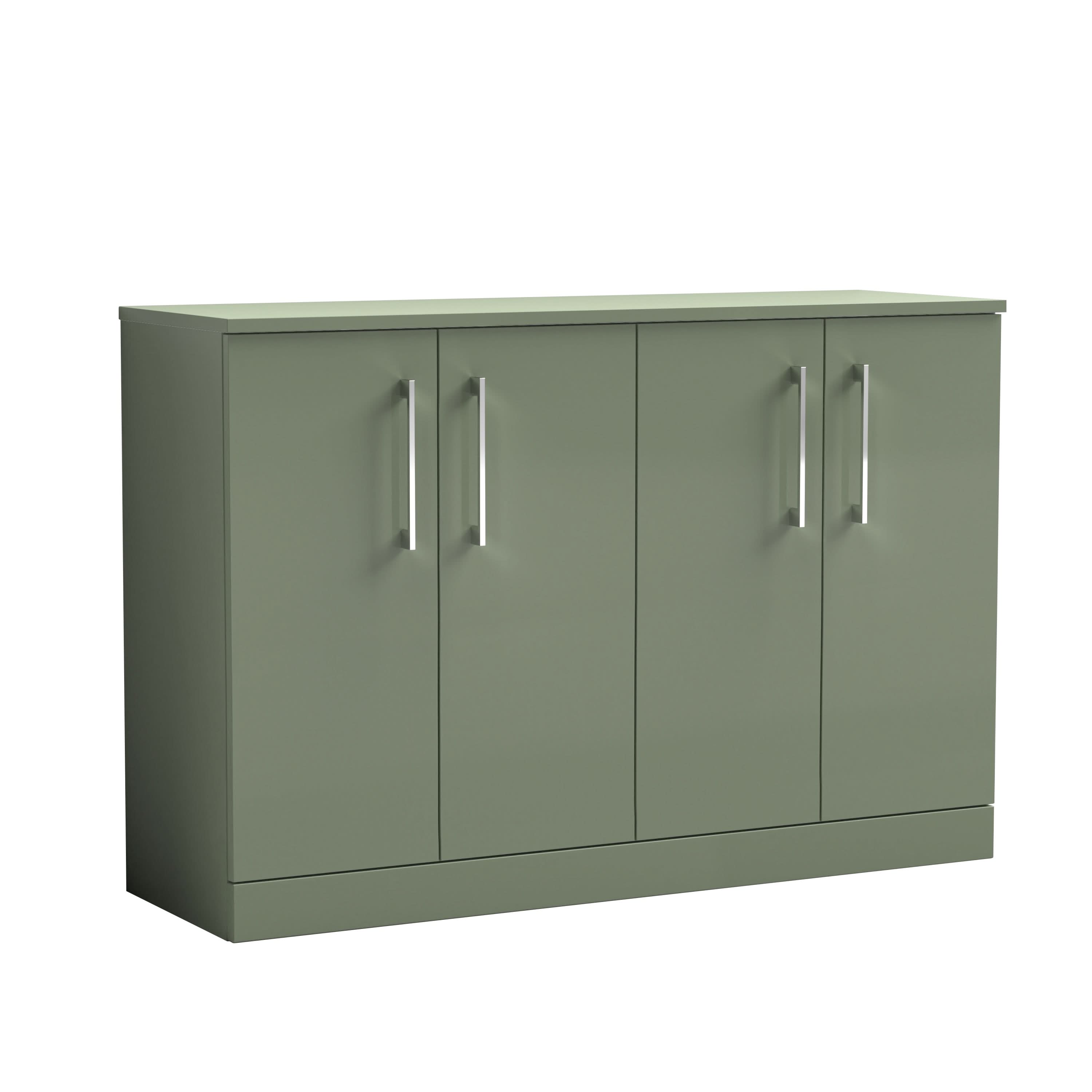 The Nuie Arno 4 Door Floorstanding Vanity Unit With Worktop, 1200mm wide and sage green with sleek silver handles, stands on a flat base. From the Nuie brand, it is shown against a white background.