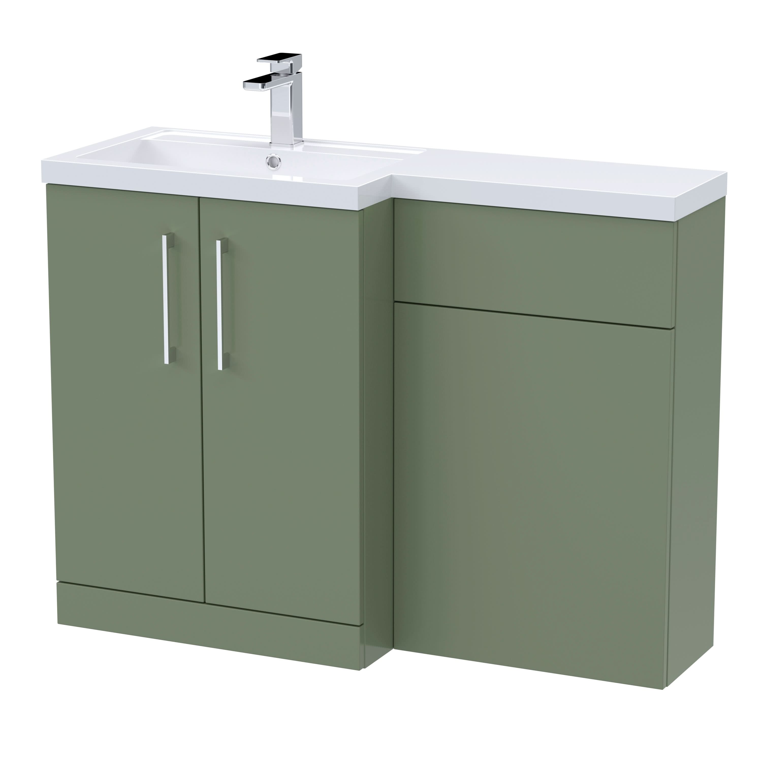 Nuie 1100mm Left Hand Combination, Polymarble Basin Pre-drilled with 1 Tap Hole, Bathroom Storage Unit in Satin Green
