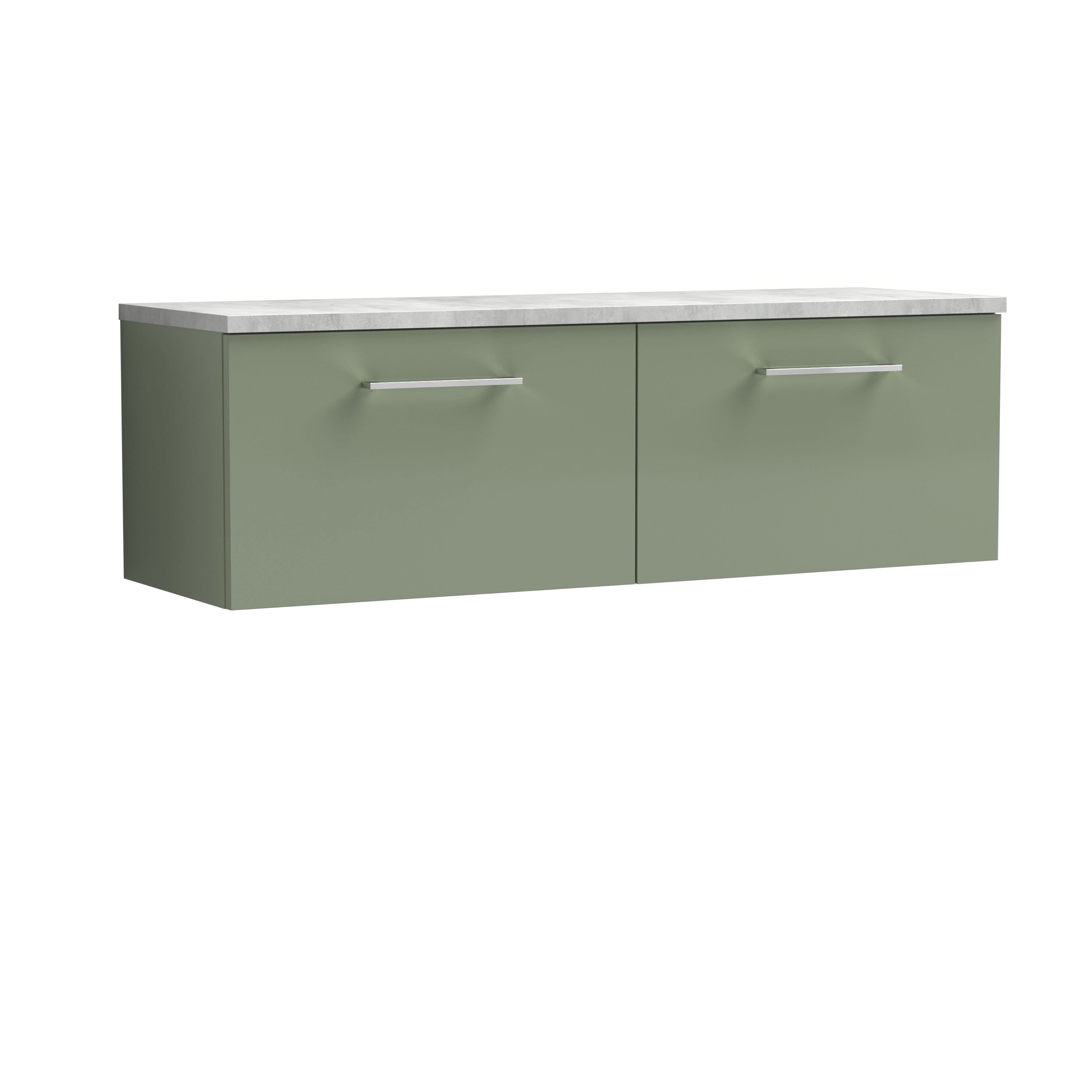 Nuie Arno Wall Hung 2-Drawer Vanity Unit with Laminate Worktop in Bellato Grey, Premium Counter Top Vanity Unit in Satin Green, 1200mm
