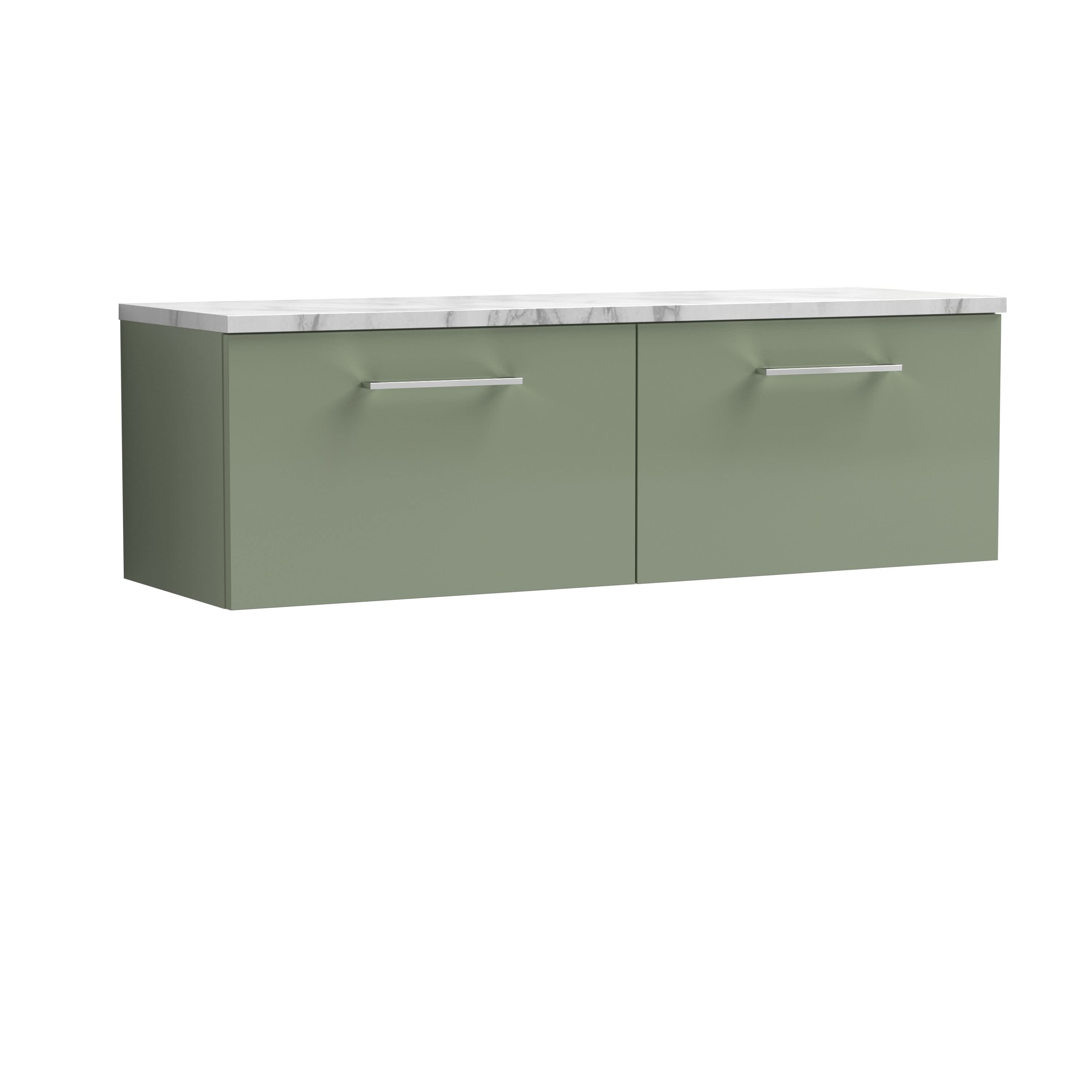 Nuie Arno Wall Hung 2-Drawer Vanity Unit with Laminate Worktop in Carrera Marble, Premium Counter Top Vanity Unit in Satin Green, 1200mm
