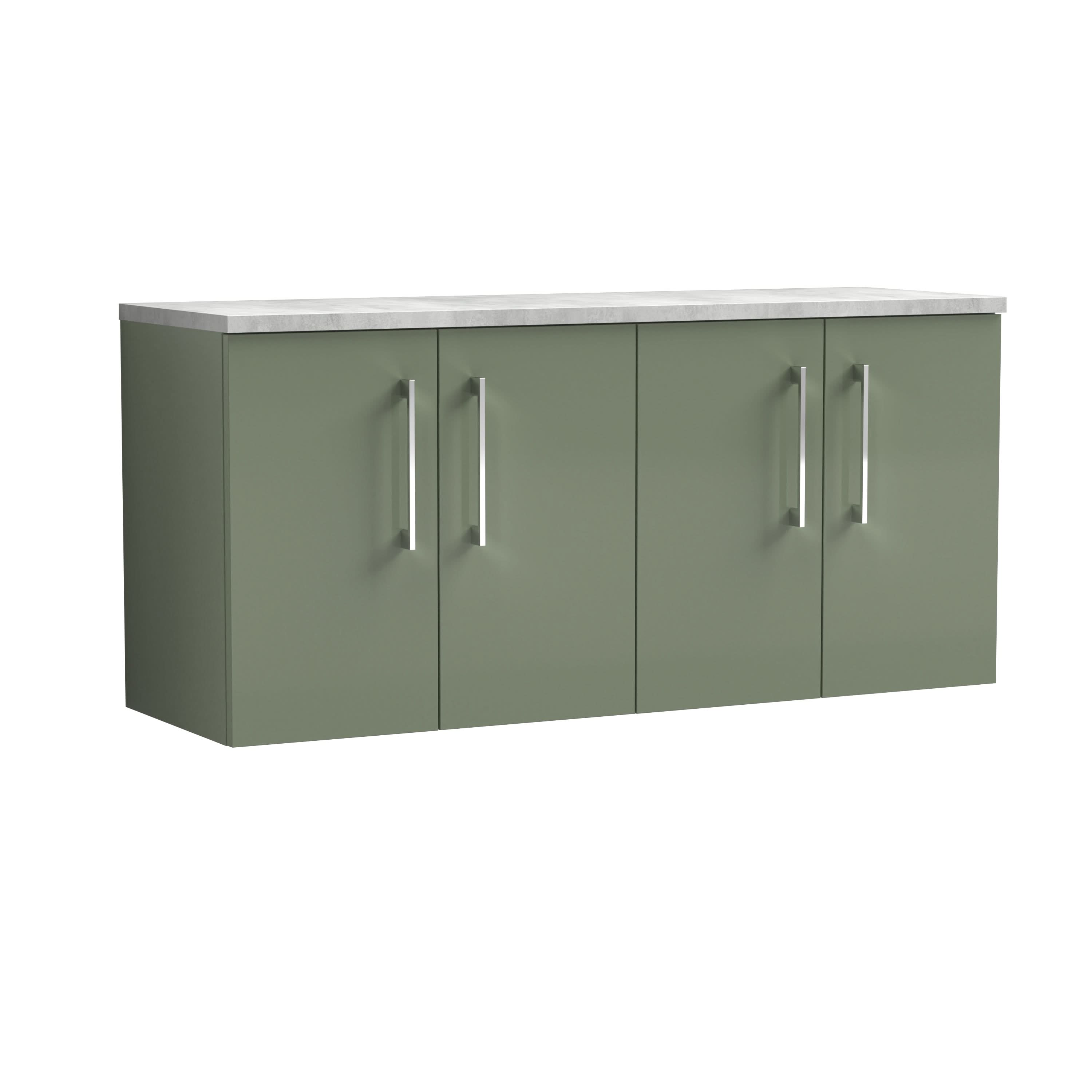 Nuie Arno Wall Hung 4-Door Vanity Unit with Laminate Worktop in Bellato Grey, Premium Counter Top Vanity Unit in Satin Green, 1200mm