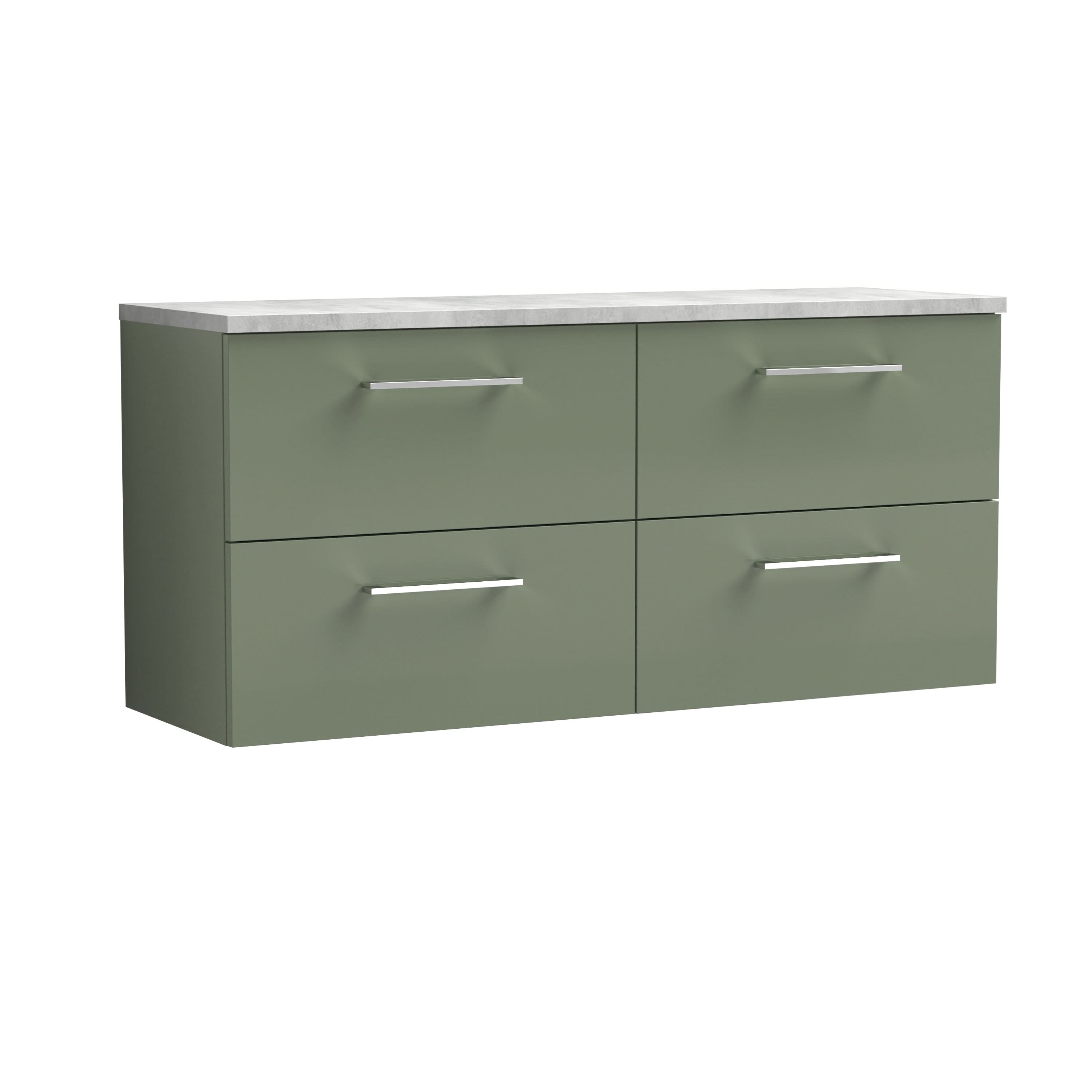 Nuie Arno Wall Hung 4-Drawer Vanity Unit with Laminate Worktop in Bellato Grey, Premium Counter Top Vanity Unit in Satin Green, 1200mm