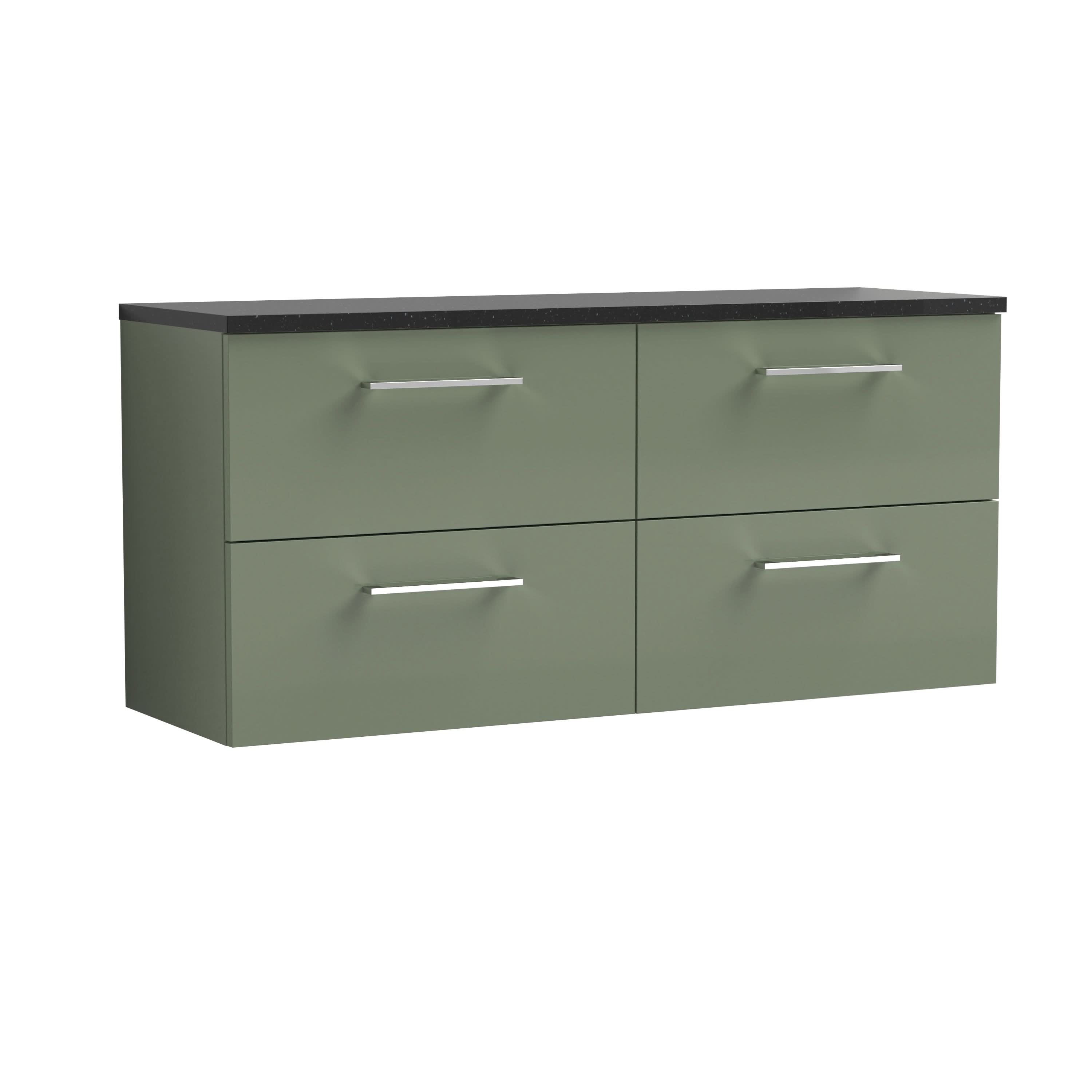 Nuie Arno Wall Hung 4-Drawer Vanity Unit with Laminate Worktop in Black Sparkle, Premium Counter Top Vanity Unit in Satin Green, 1200mm
