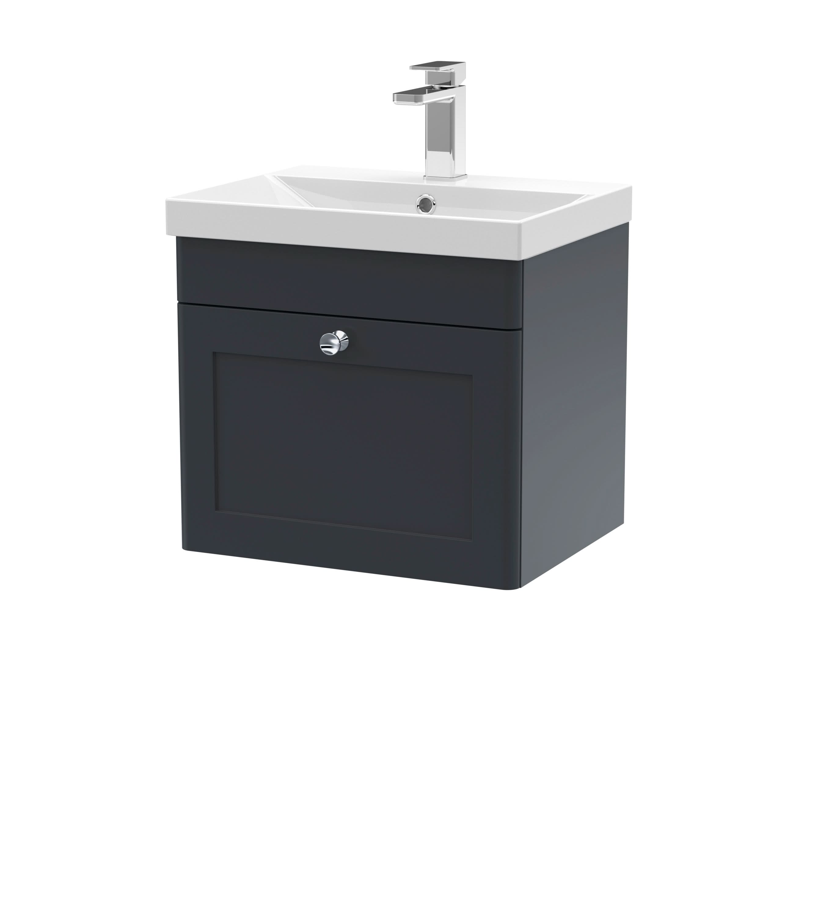 Nuie Classique Wall Hung 1 Drawer Unit & Thin-Edge Ceramic Basin, Stylish Sink Vanity Unit in Soft Black, 500mm