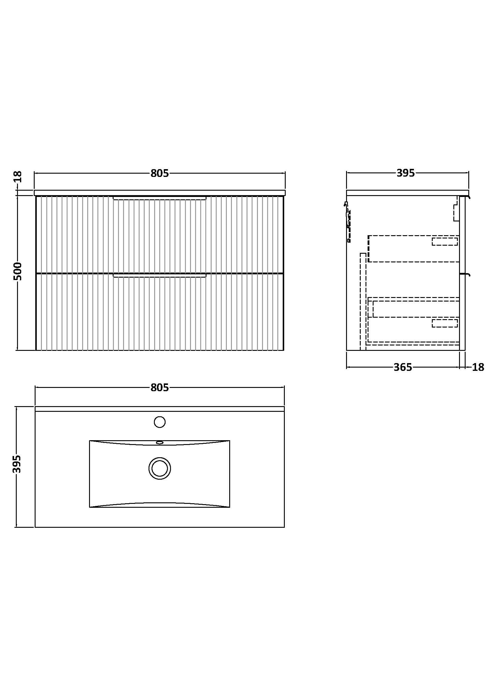 Hudson Reed Fluted Wall Hung 2-Drawer Vanity and Minimalist Basin, Contemporary Sink Vanity Unit, Soft Black, 800mm