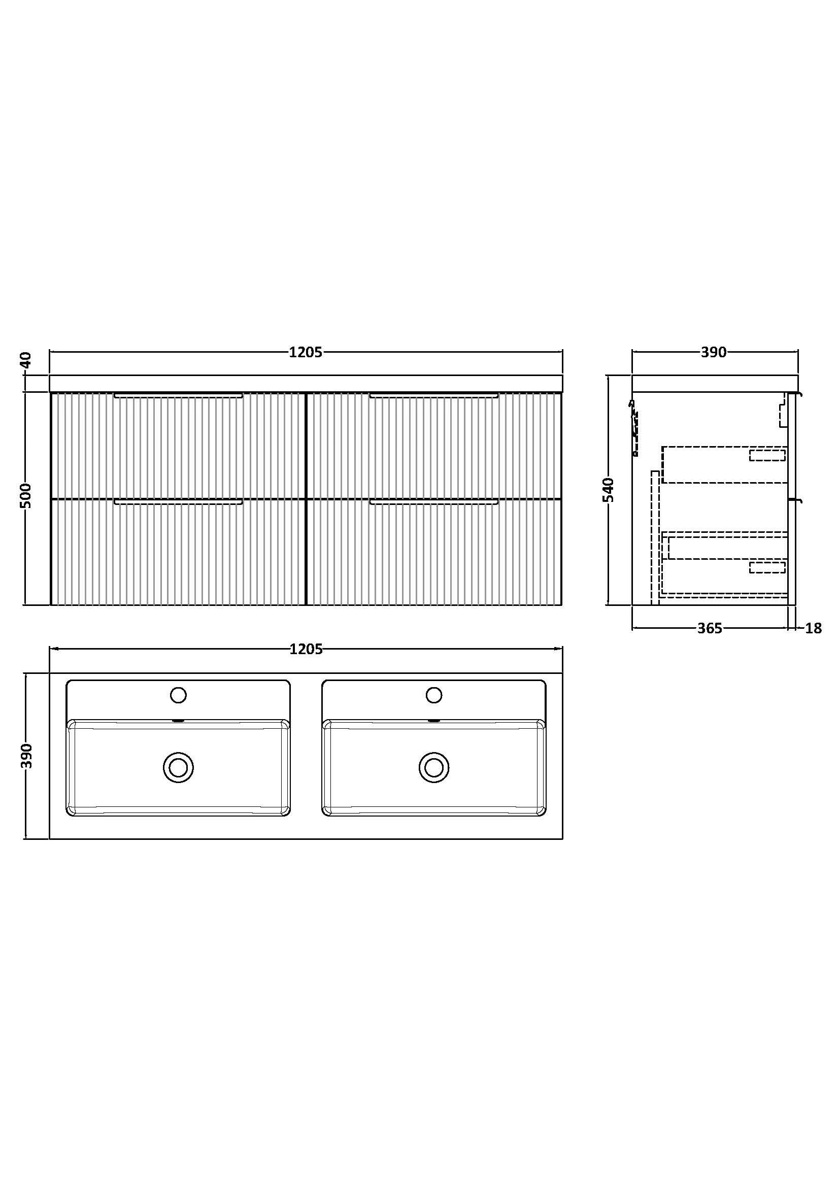 Hudson Reed Fluted Wall Hung 4-Drawer Vanity and Double Polymarble Basin, Modern Sink Vanity Unit, Satin White, 1200mm