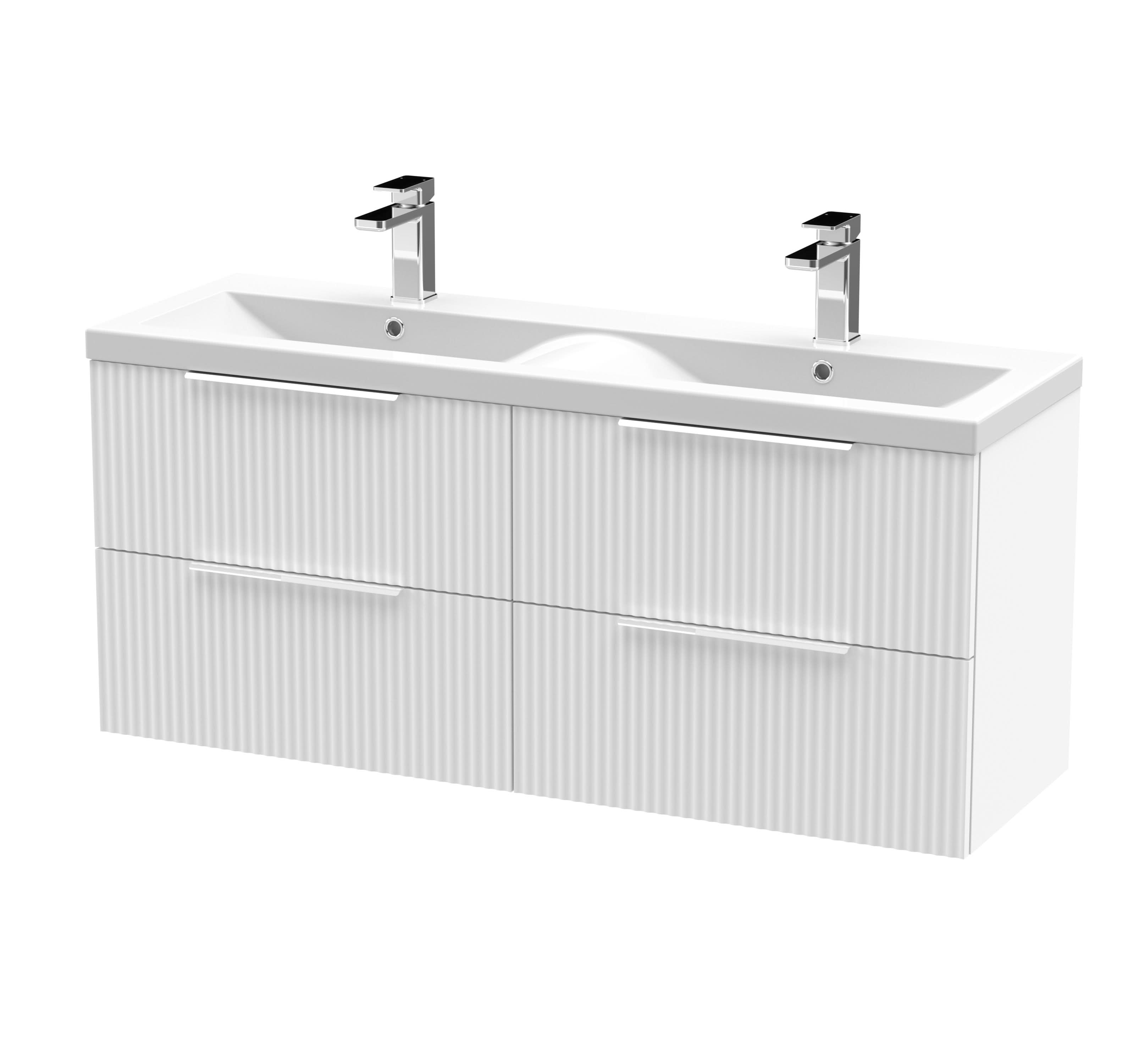 Hudson Reed Fluted Wall Hung 4-Drawer Vanity and Double Ceramic Basin, Modern Sink Vanity Unit, Satin White, 1200mm