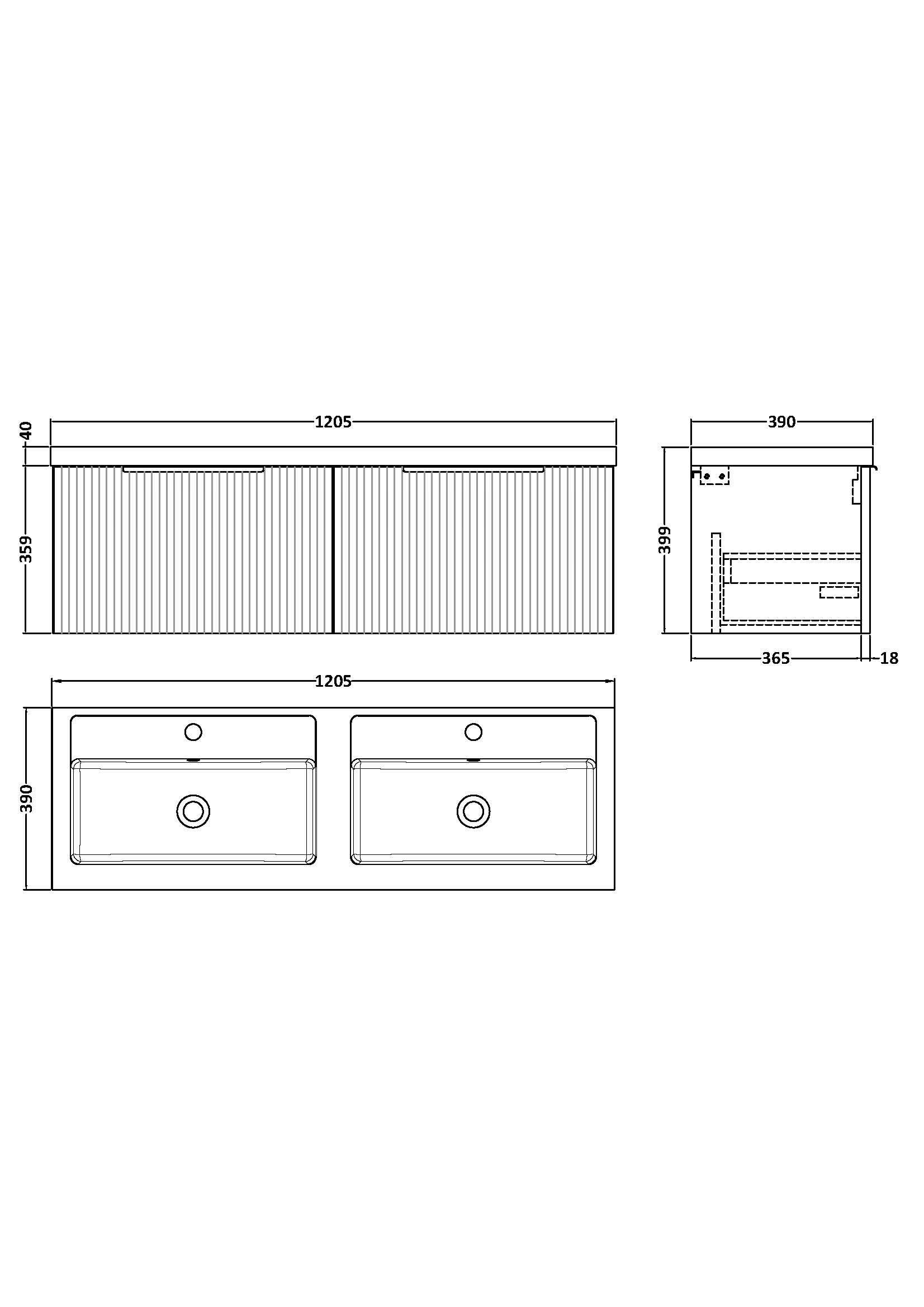 Hudson Reed Fluted Wall Hung 2-Drawer Vanity and Double Polymarble Basin, Modern Sink Vanity Unit, Satin White, 1200mm