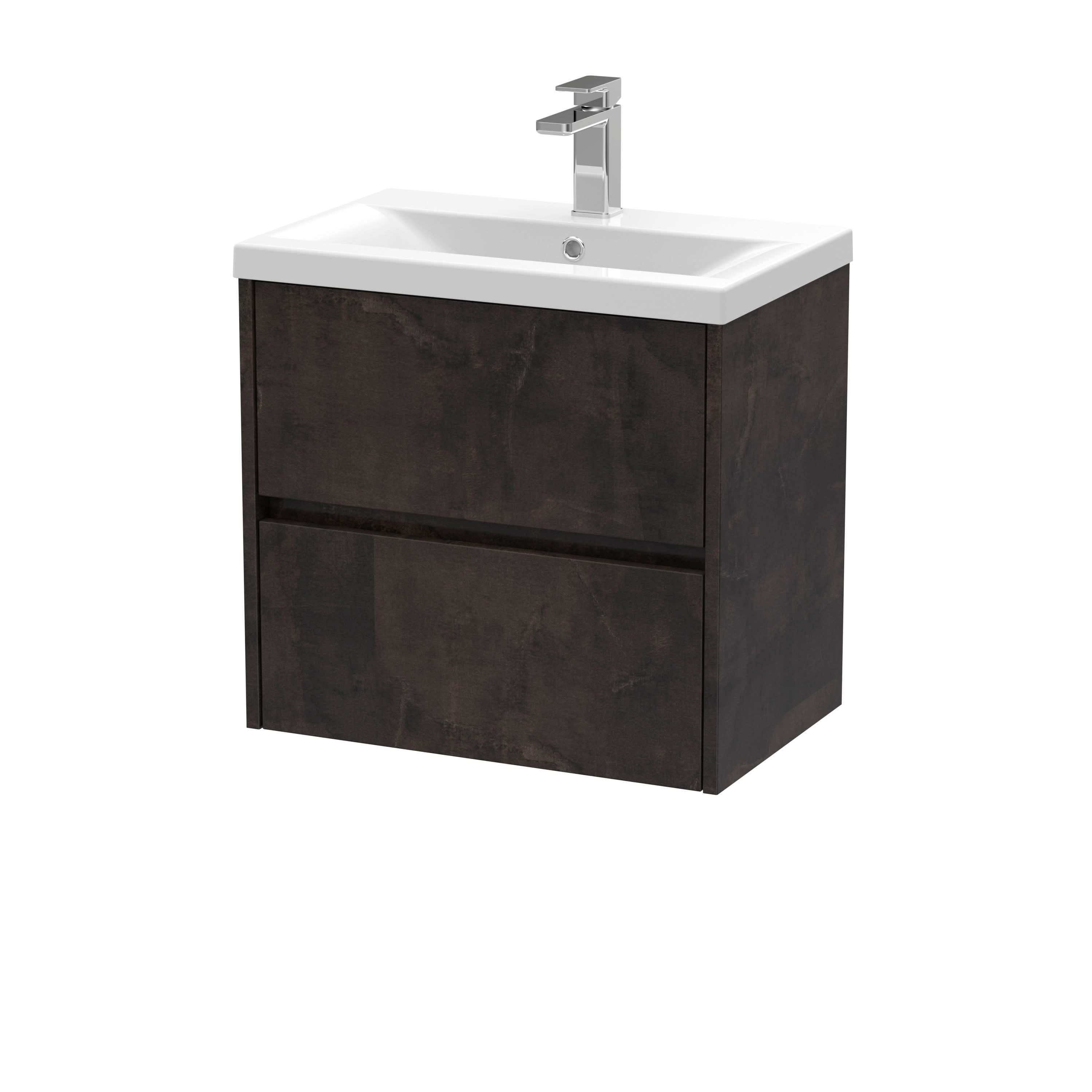 Nuie Havana Wall Hung 2 Drawer Vanity Basin Unit & Mid-Edge Ceramic Basin, Modern Sink Vanity Unit in Metallic Slate with White Basin, 600mm