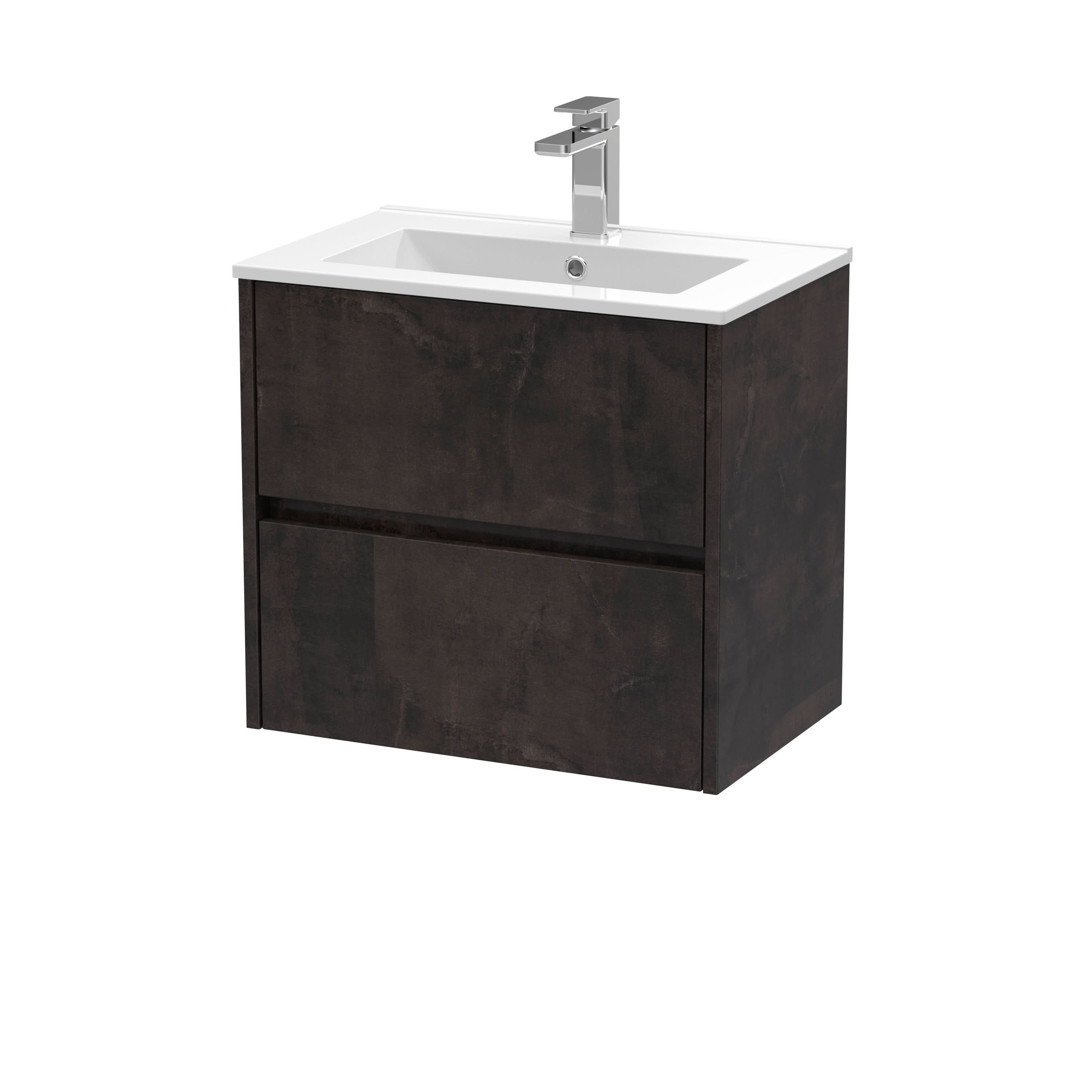 Nuie Havana Wall Hung 2 Drawer Vanity Basin Unit & Minimalist Ceramic Basin, Modern Sink Vanity Unit in Metallic Slate with White Basin, 600mm