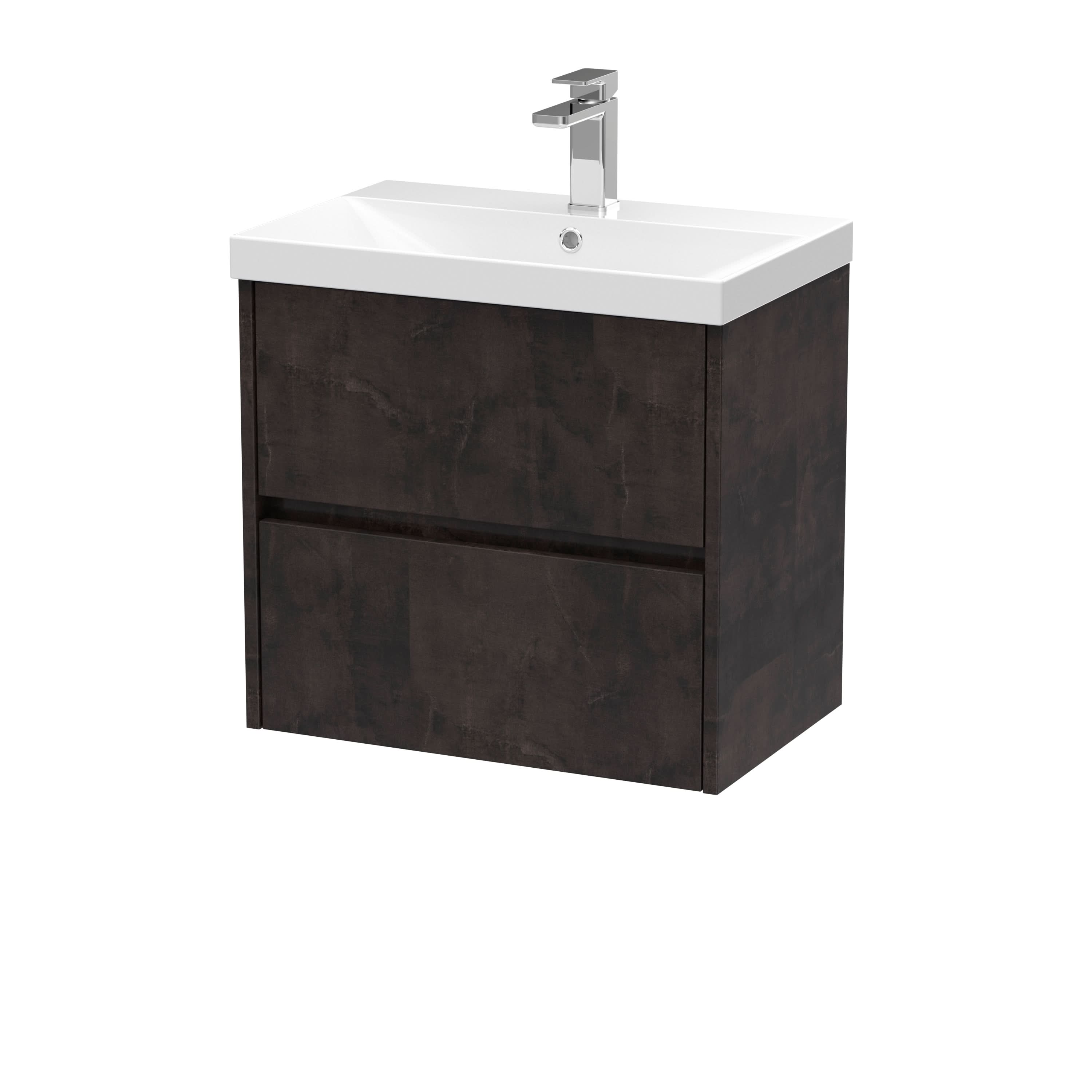 Nuie Havana Wall Hung 2 Drawer Vanity Basin Unit & Thin-Edge Ceramic Basin, Modern Sink Vanity Unit in Metallic Slate with White Basin, 600mm