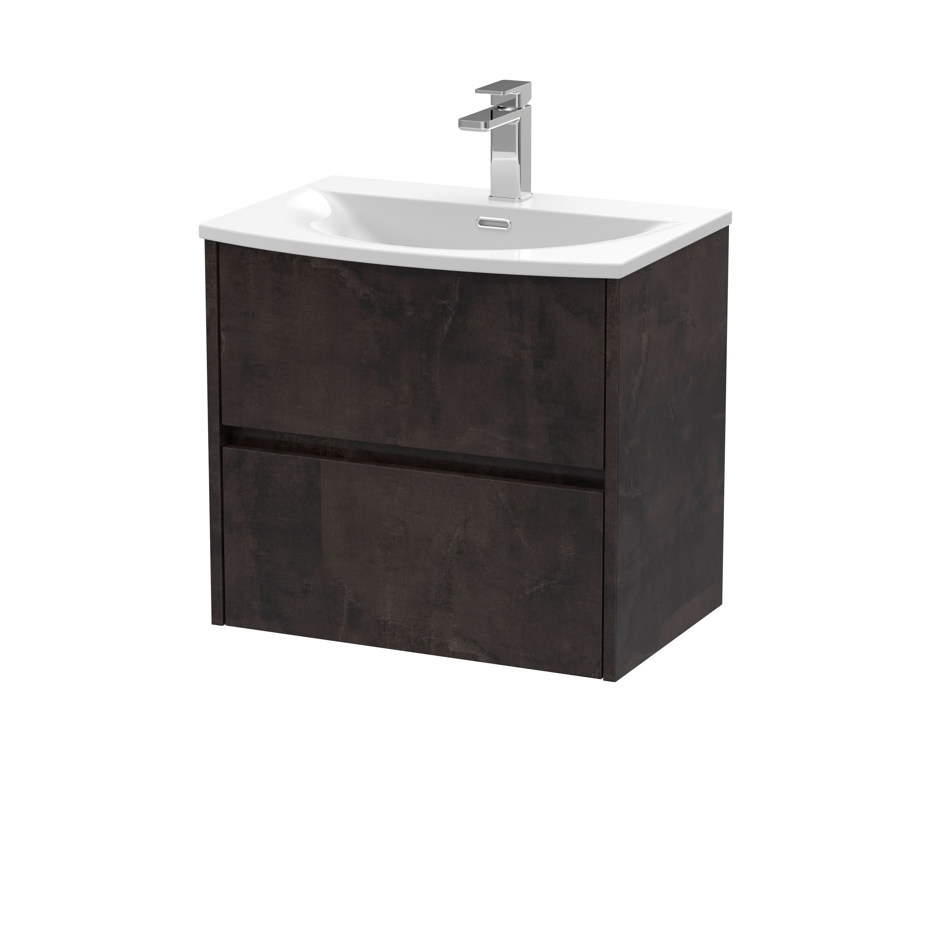 Nuie Havana Wall Hung 2 Drawer Vanity Basin Unit & Curved Ceramic Basin, Modern Sink Vanity Unit in Metallic Slate with White Basin, 600mm