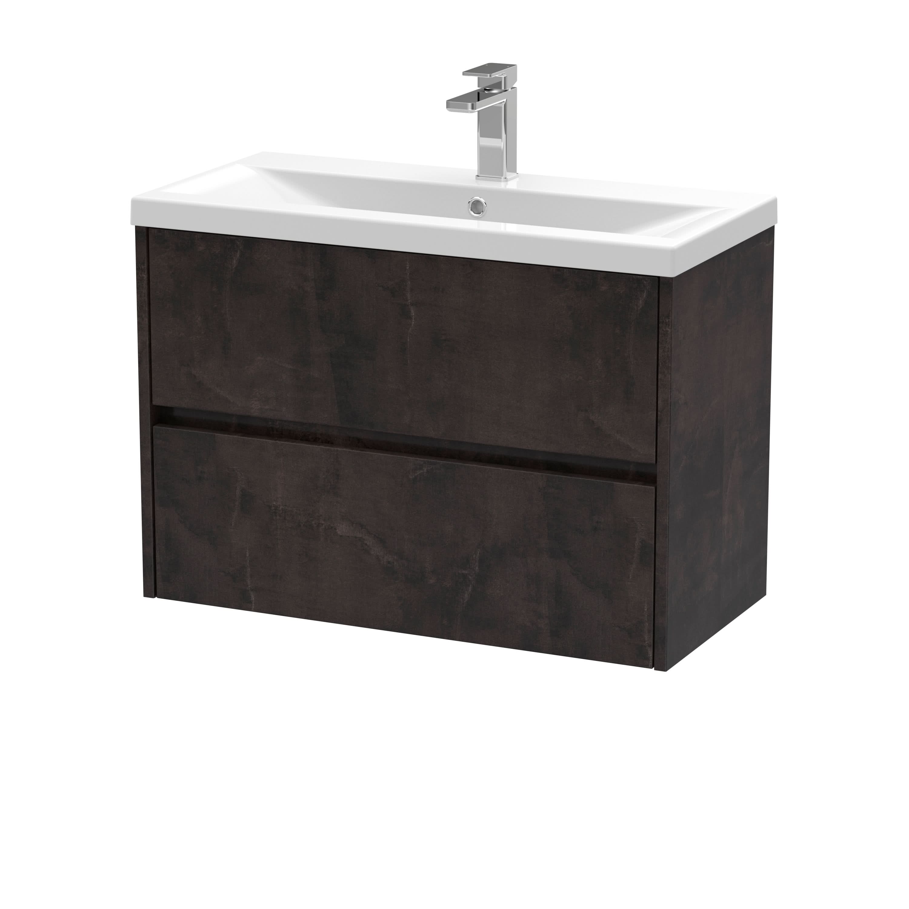 Nuie Havana Wall Hung 2 Drawer Vanity Basin Unit & Mid-Edge Ceramic Basin, Modern Sink Vanity Unit in Metallic Slate with White Basin, 800mm