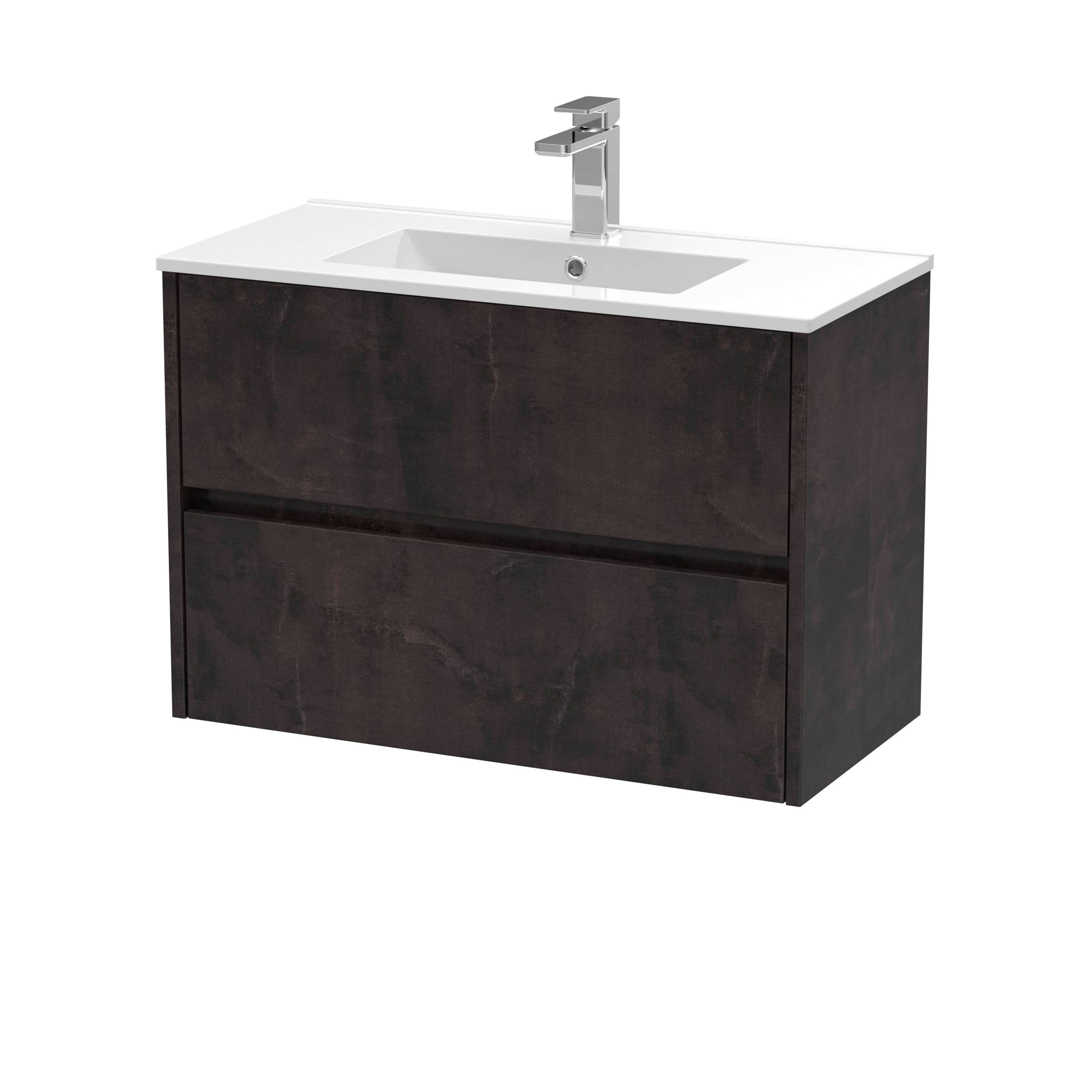 Nuie Havana Wall Hung 2 Drawer Vanity Basin Unit & Minimalist Ceramic Basin, Modern Sink Vanity Unit in Metallic Slate with White Basin, 800mm