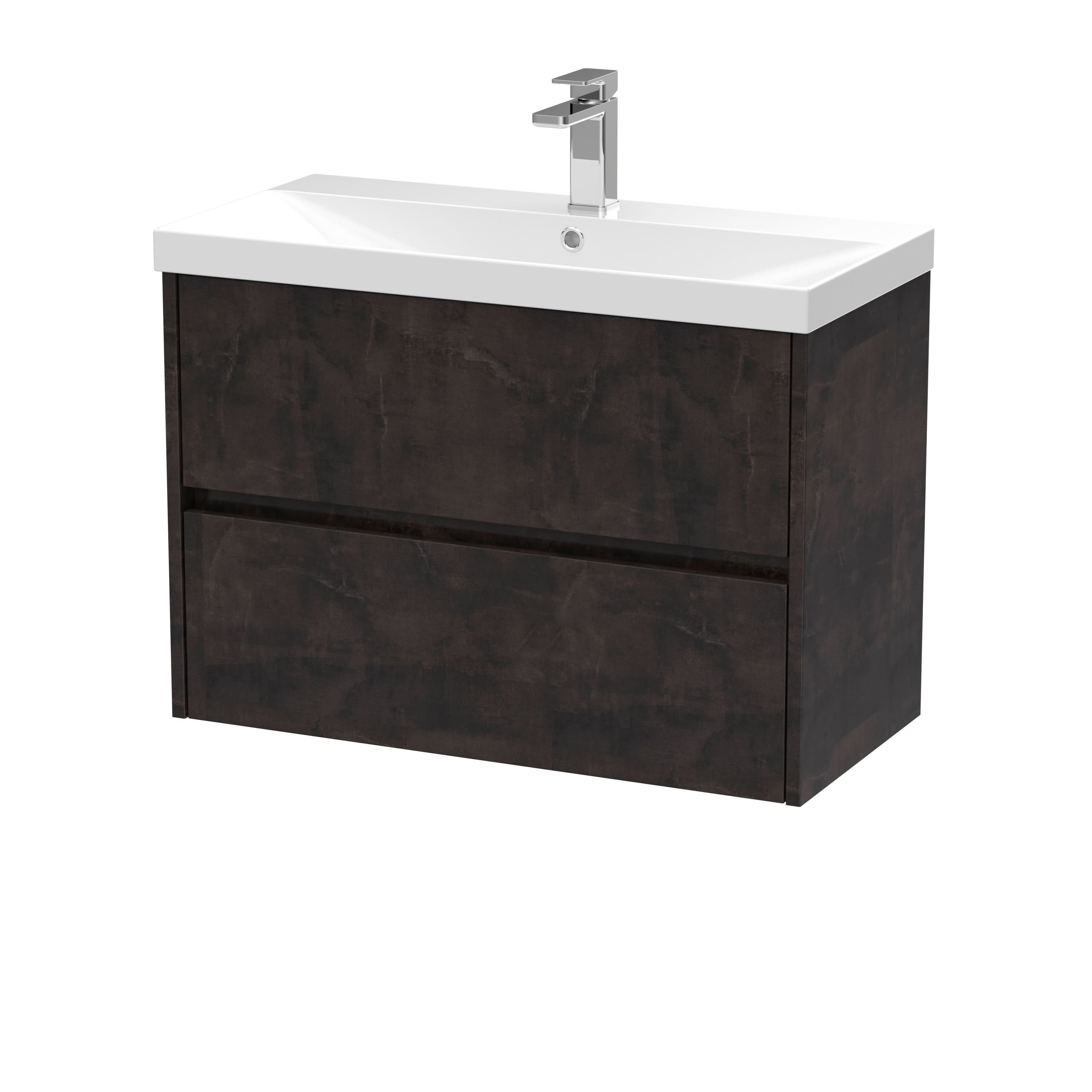 Nuie Havana Wall Hung 2 Drawer Vanity Basin Unit & Thin-Edge Ceramic Basin, Modern Sink Vanity Unit in Metallic Slate with White Basin, 800mm