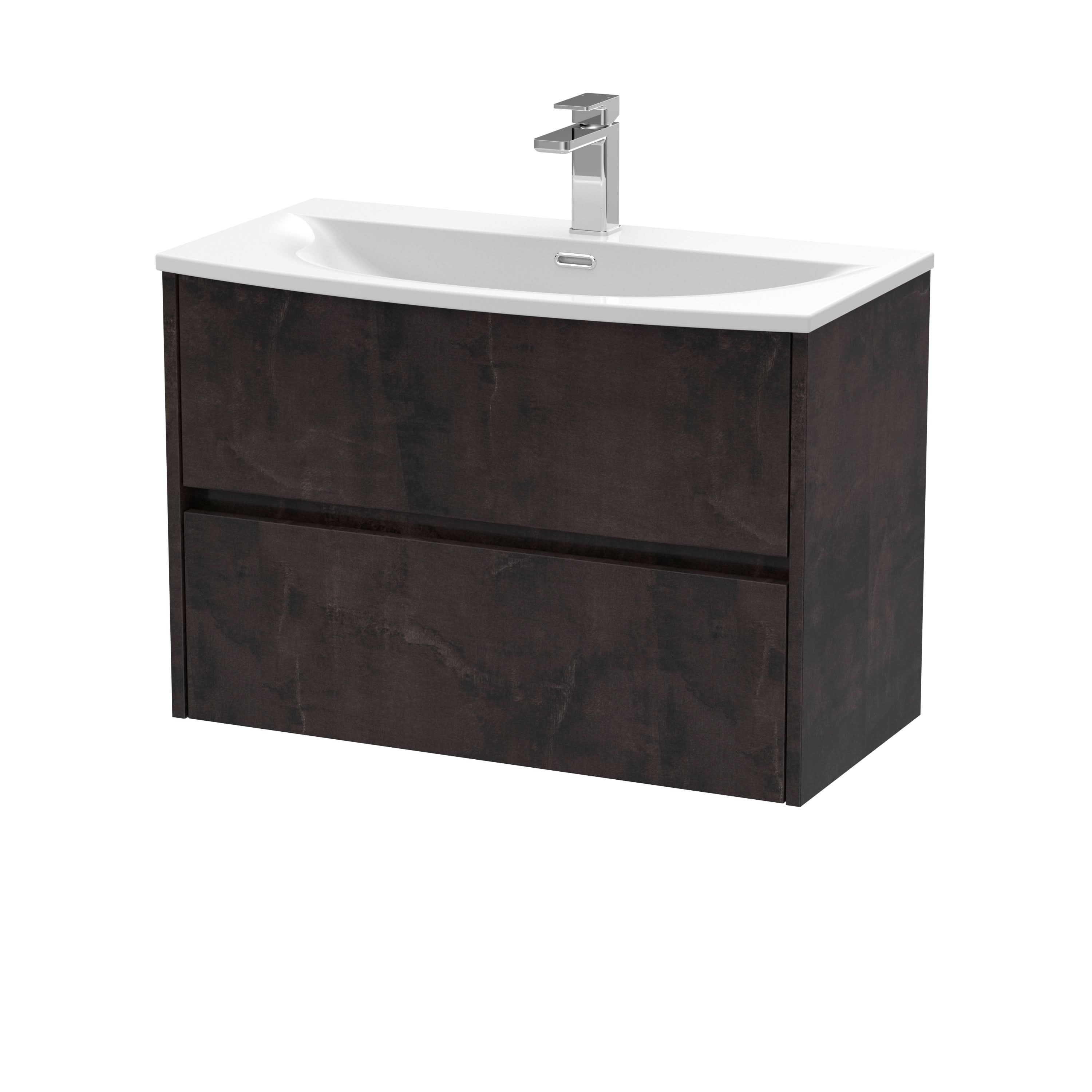 Nuie Havana Wall Hung 2 Drawer Vanity Basin Unit & Curved Ceramic Basin, Modern Sink Vanity Unit in Metallic Slate with White Basin, 800mm
