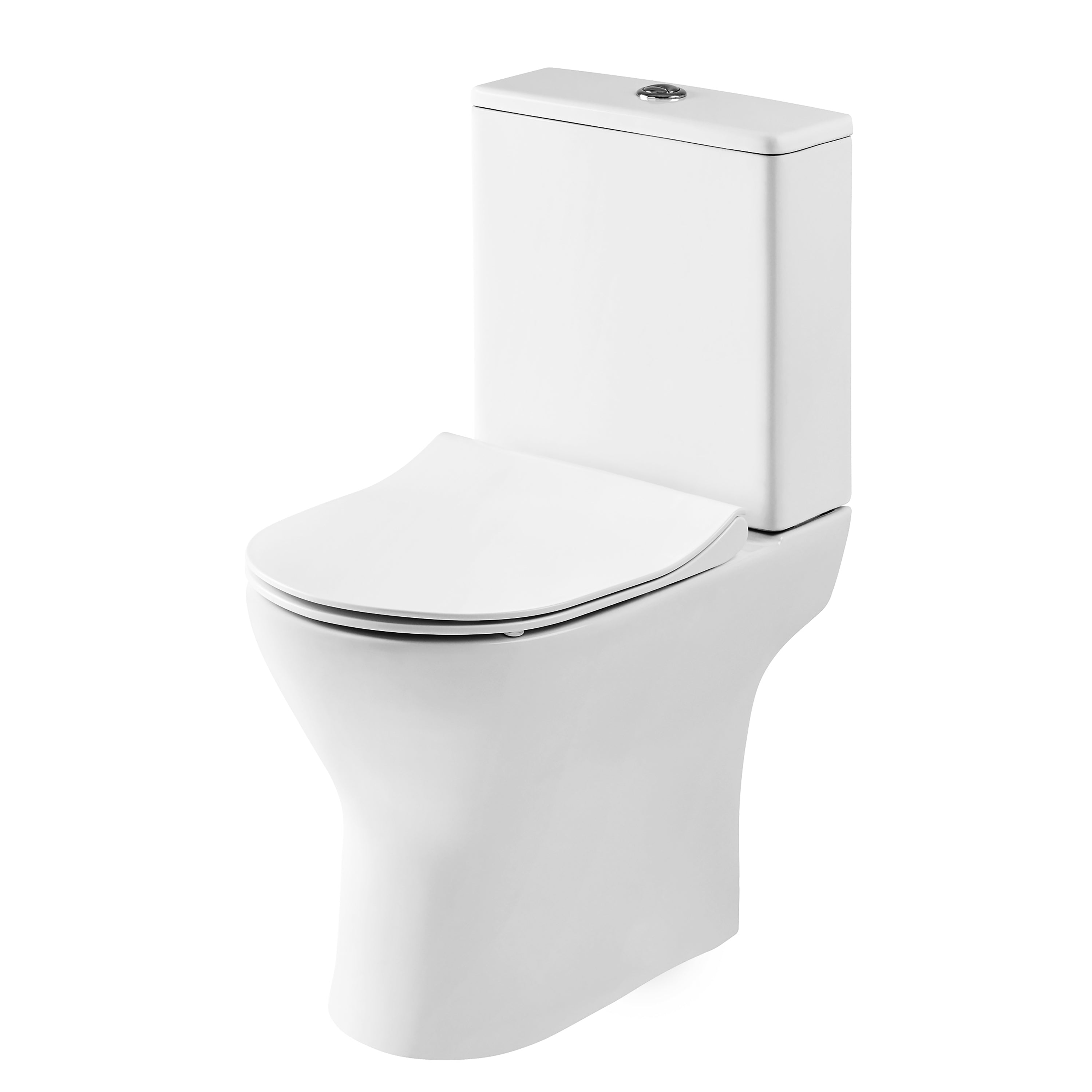 Nuie Freya Rimless Open Back Close Coupled Toilet With Push Button Cistern And Soft Close Seat - White