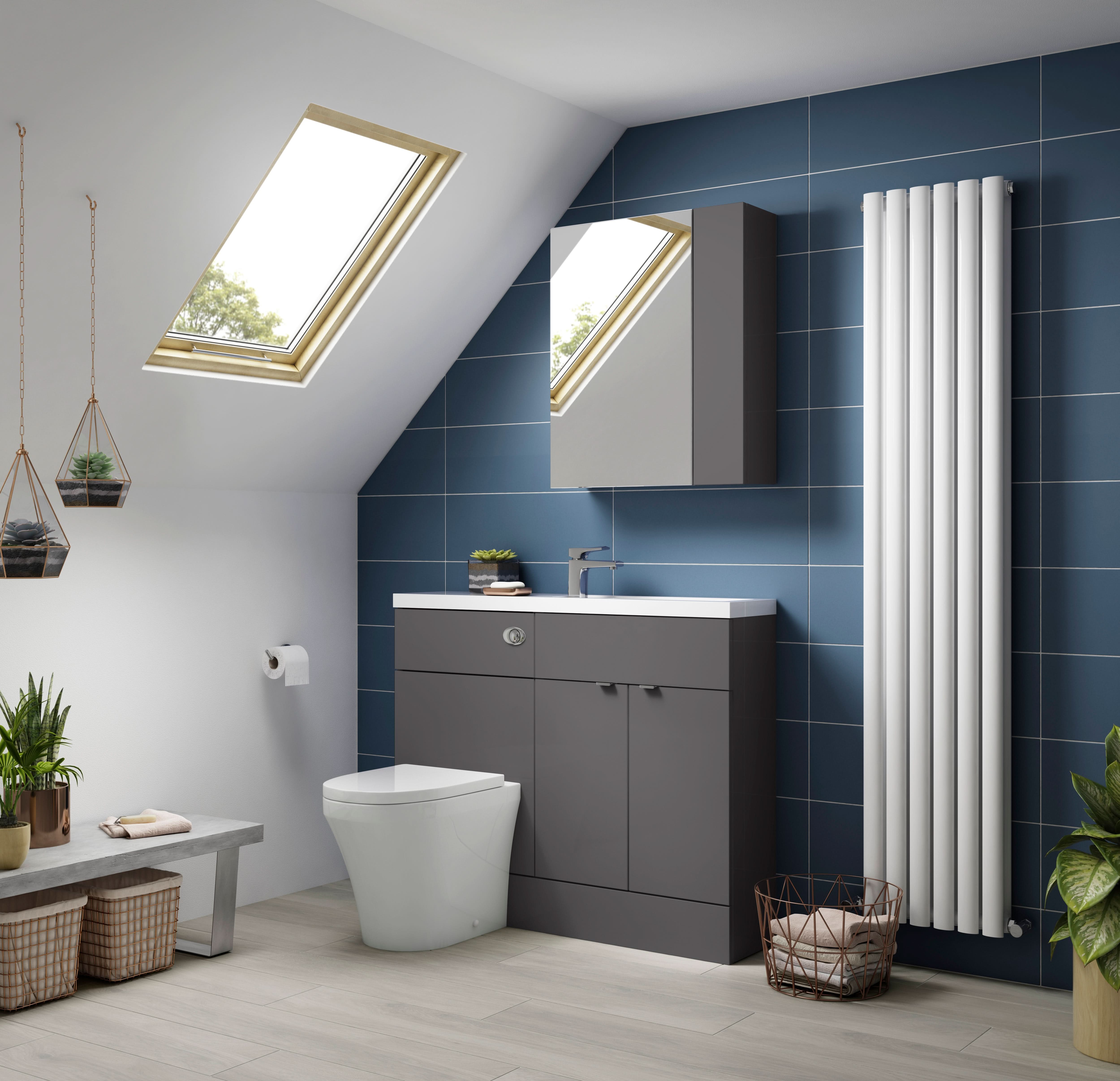 Hudson Reed Fusion Floor Standing 2 Door Vanity Basin & WC Combination Compact, Bathroom Storage Unit, Gloss Grey, 1200mm