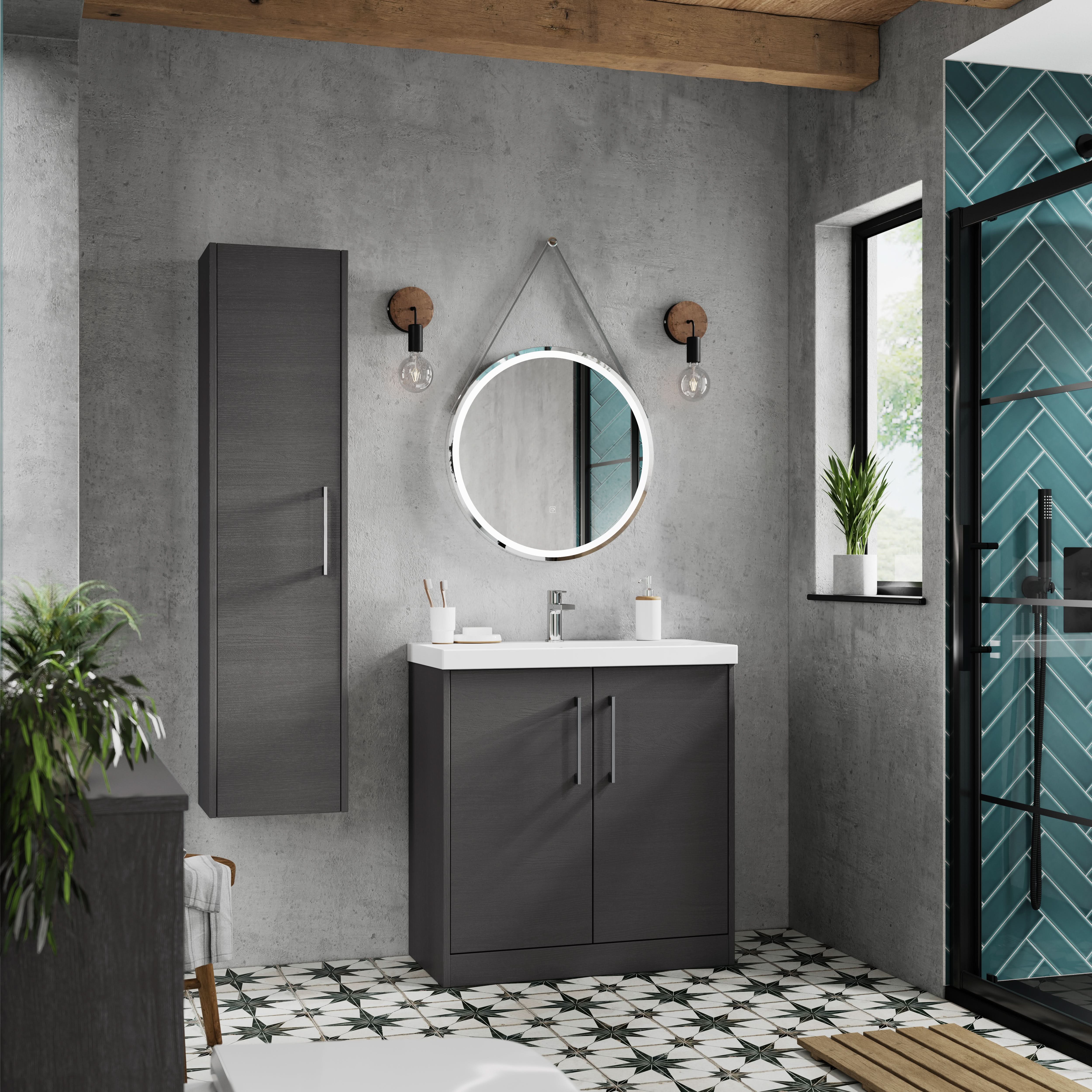 Hudson Reed Juno Floor Standing 2-Door Vanity & Minimalist 1 Tap Hole Basin, Elegant Sink Vanity Unit, Graphite Grey Woodgrain, 800mm