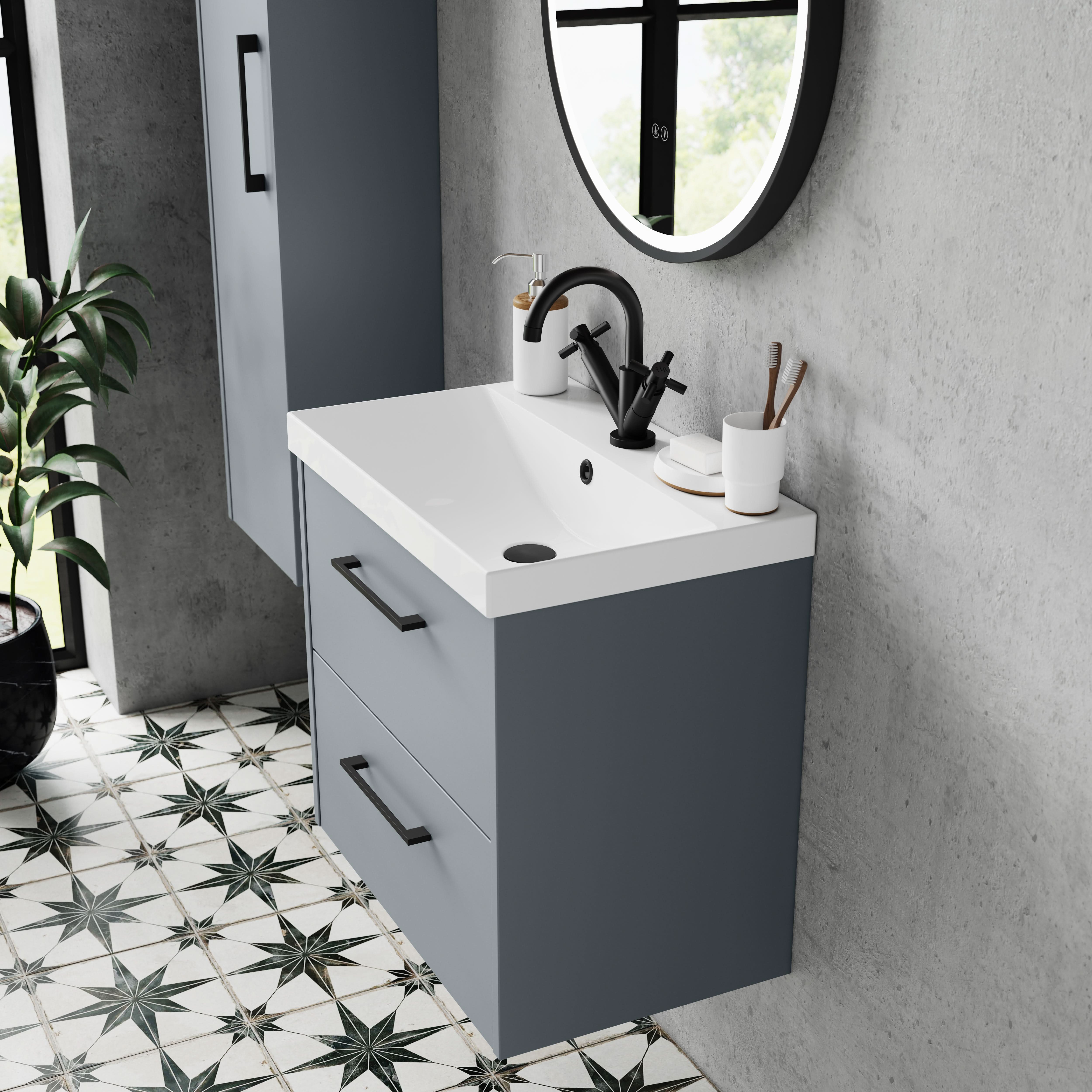 Hudson Reed Juno Wall Hung 2-Drawer Vanity and Thin-Edge 1 Tap Hole Basin, Timeless Sink Vanity Unit, Coastal Grey, 600mm