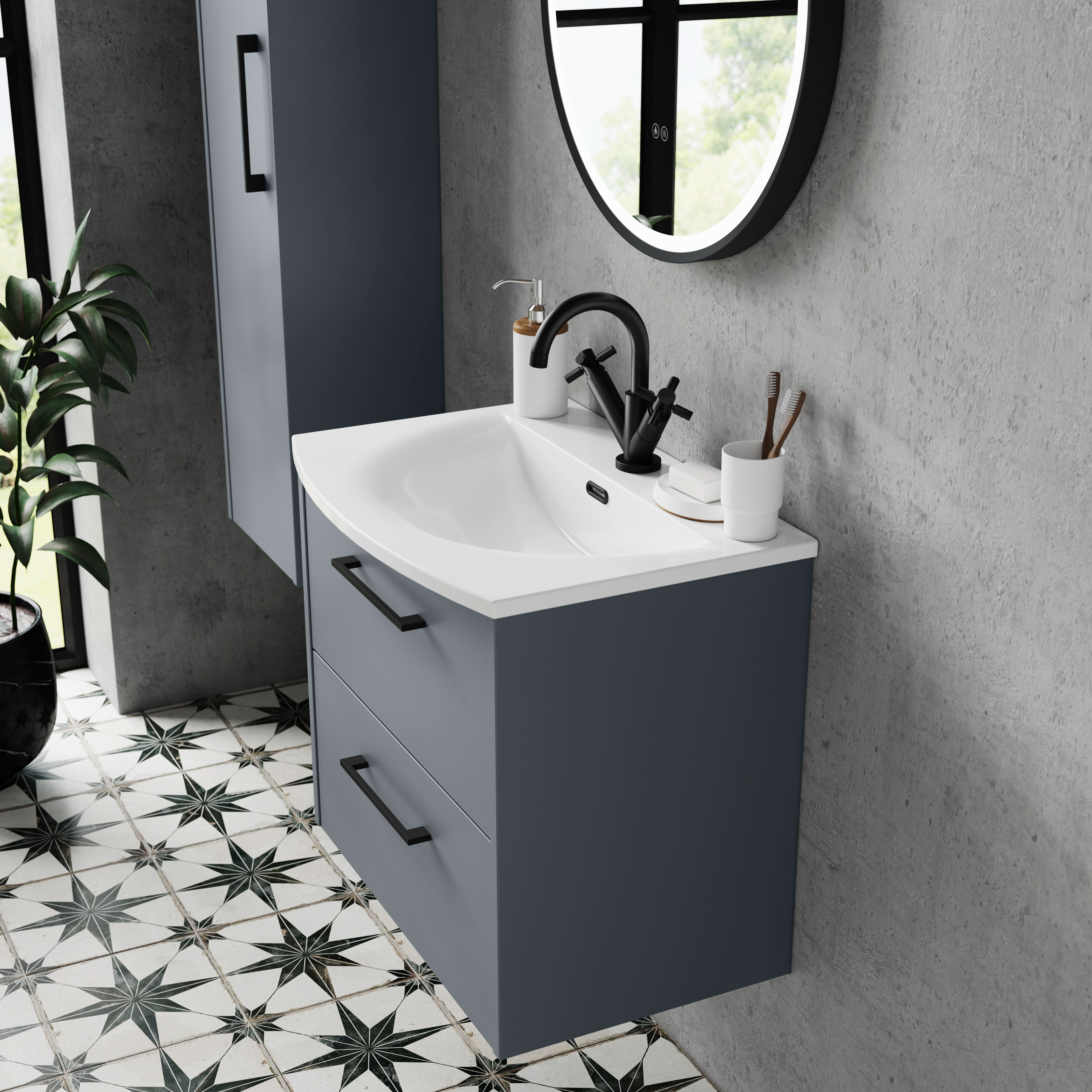 Hudson Reed Juno Wall Hung 2-Drawer Vanity and Curved 1 Tap Hole Basin, Timeless Sink Vanity Unit, Coastal Grey, 800mm