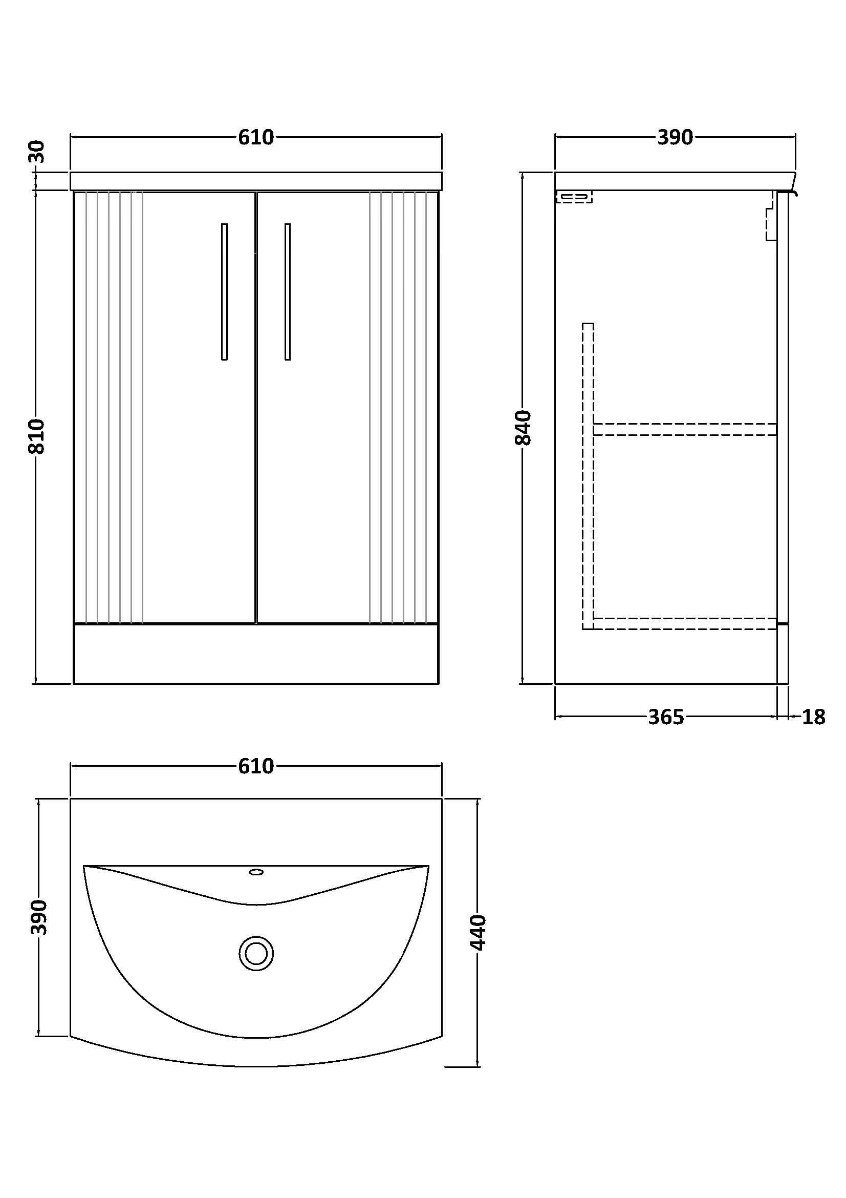 Nuie Deco 2 Door Floorstanding Vanity Unit With Basin-4 600mm Wide