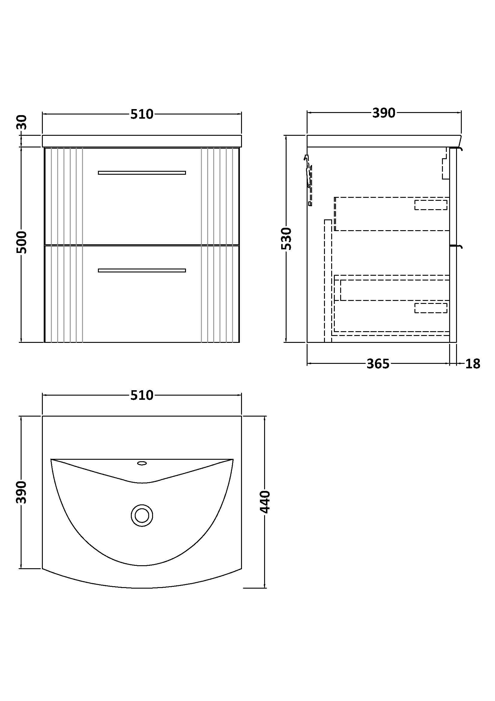 Nuie Deco 2 Drawer Wall Hung Vanity Unit With Basin-4 500mm Wide